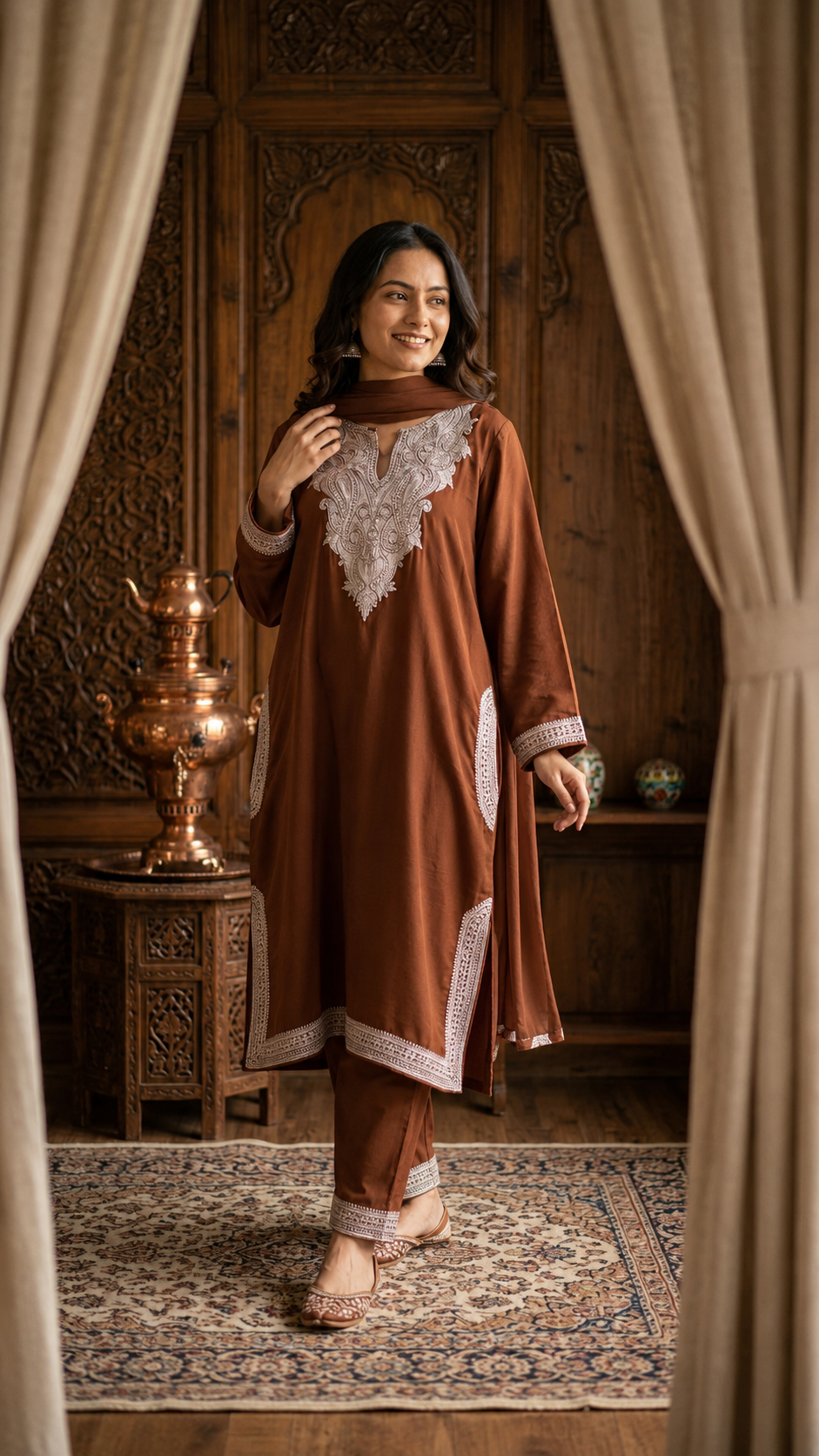 Coffee Stitched Crape Pheran Set with dupatta (46)