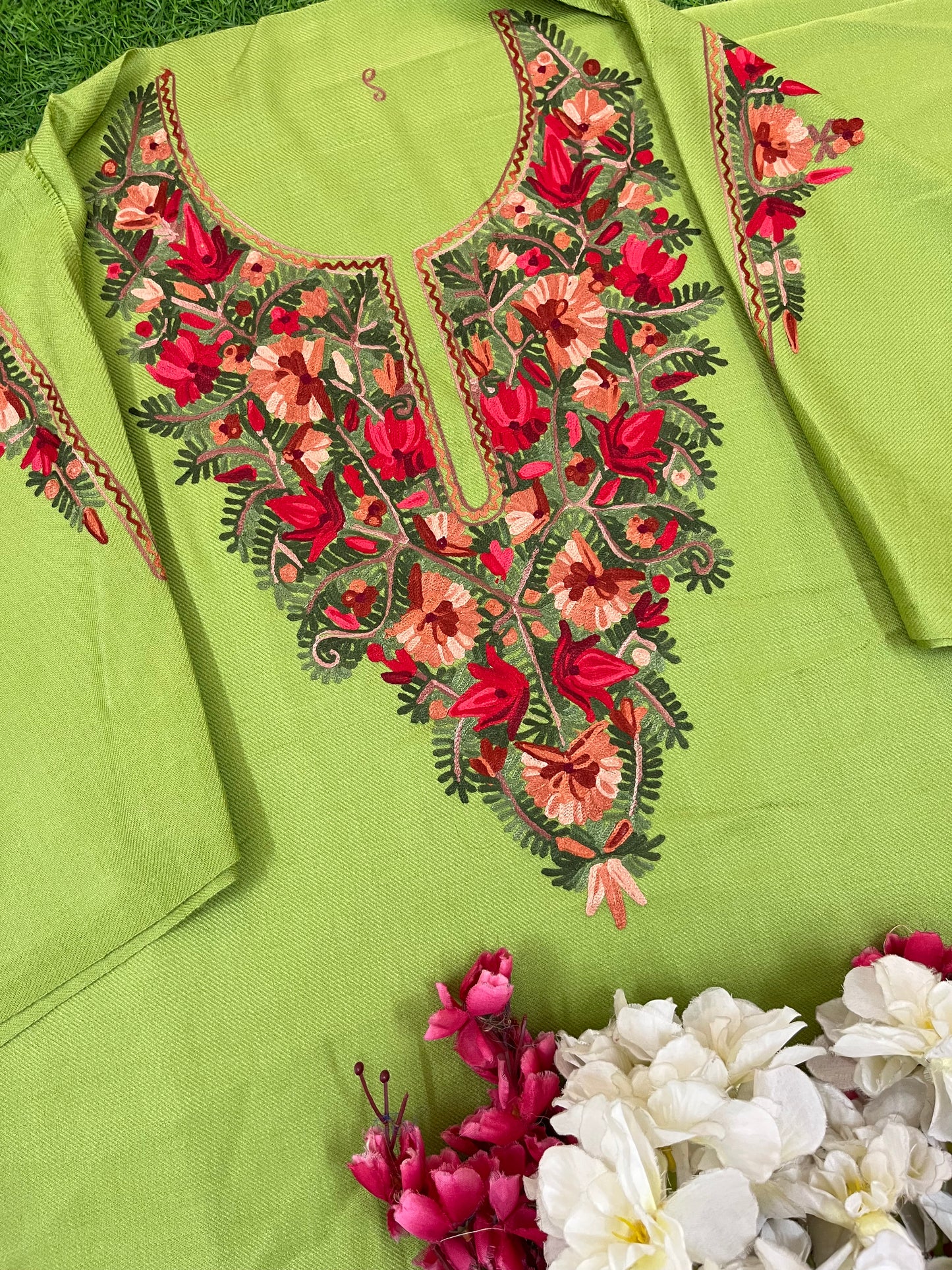 Pista Green Woollen Aari Embroidered 3pc suit