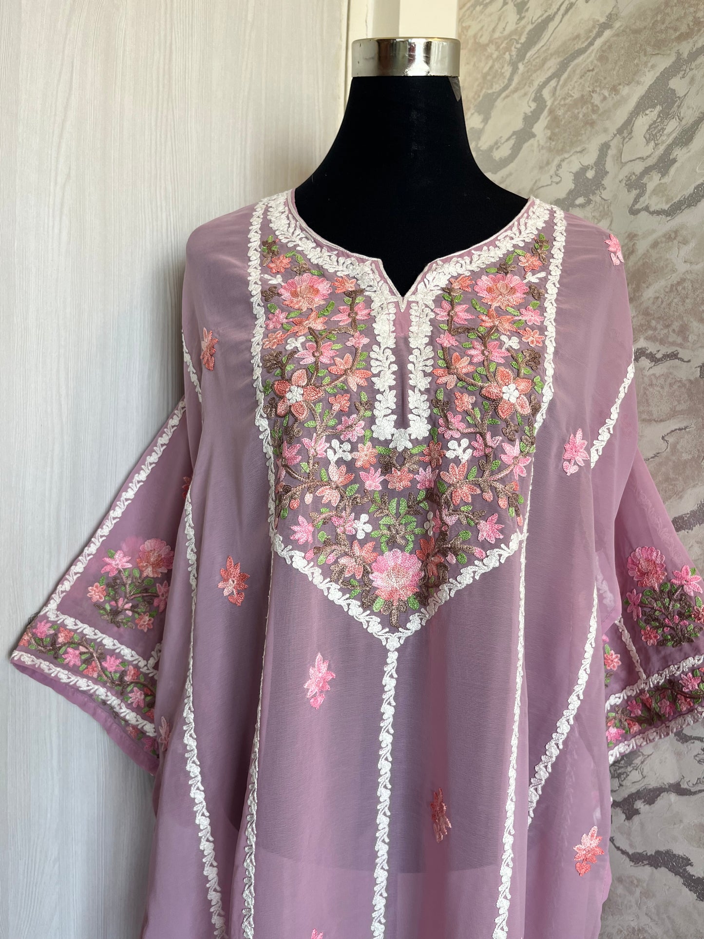 Pastel Pink Georgette All over Work Aari Embroidered Unstitched Kurta Material