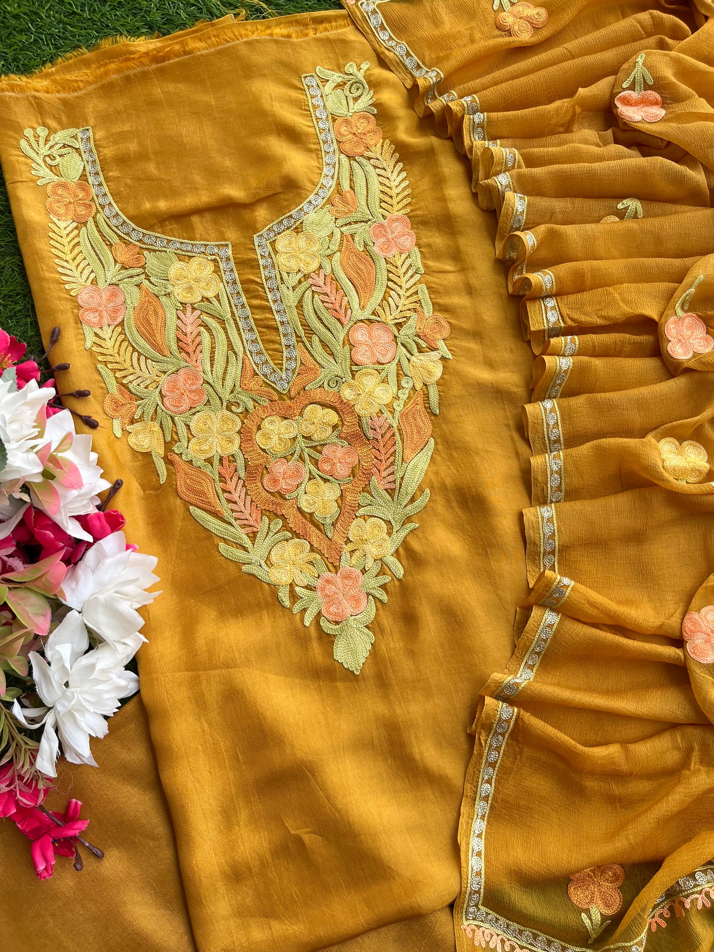 Gold Opada Silk Kashmiri Suits