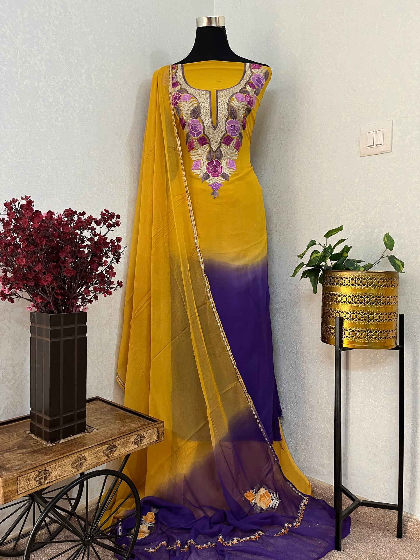 Yellow Pure Georgette Double Shade Kashmiri Suit