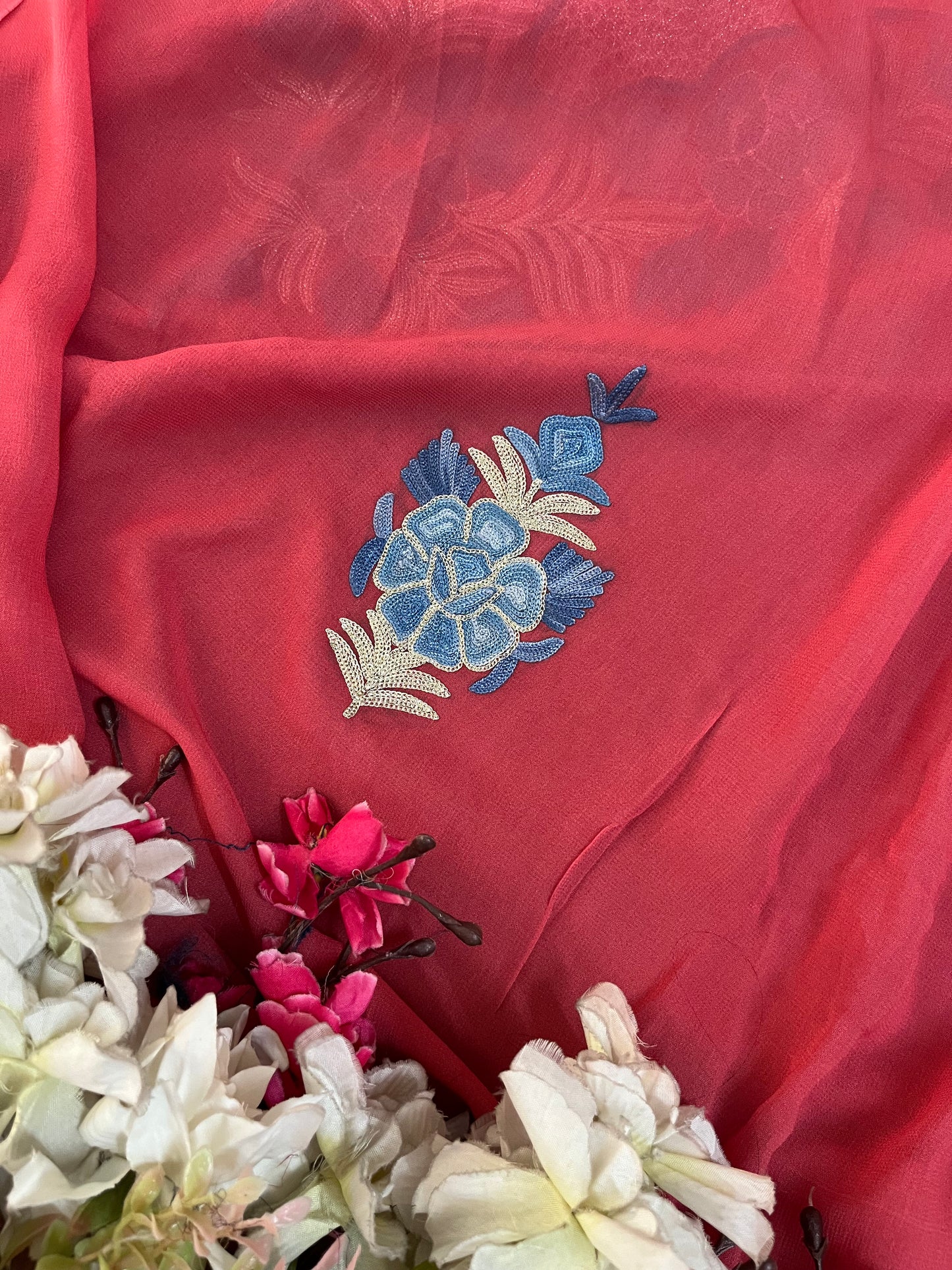 Carrot Pink Pure Georgette Double Shade Kashmiri Suit