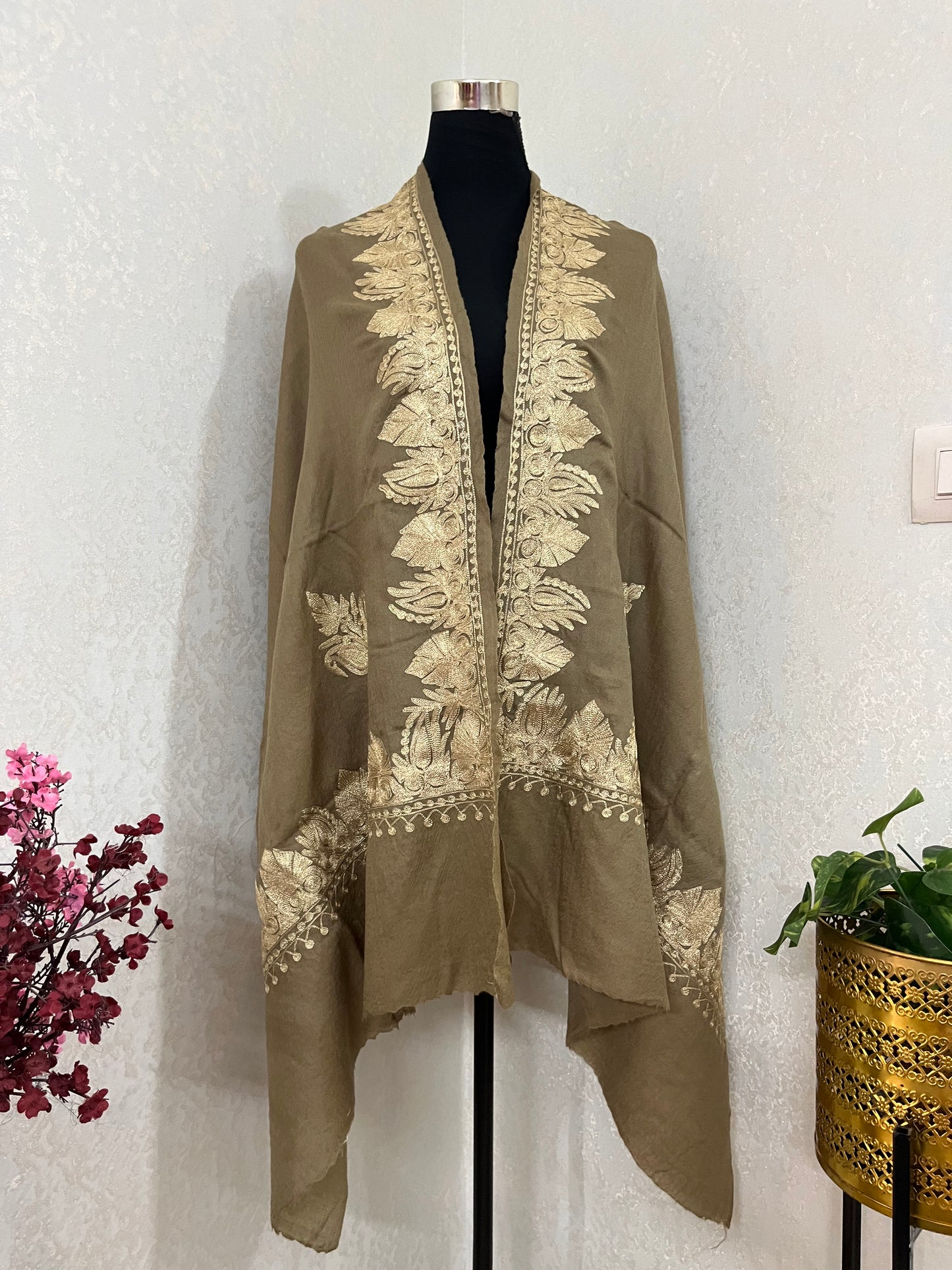 Beige Semi Pashmina Tilla Embroidered stole
