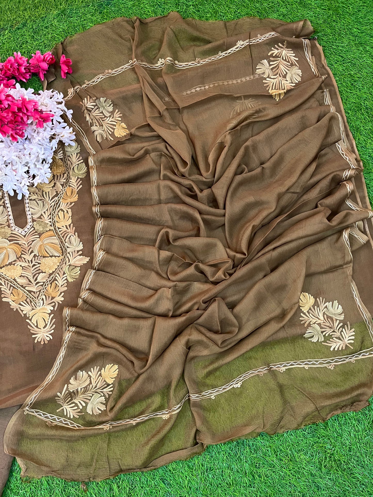 Army Green Opada Silk Kashmiri Suit