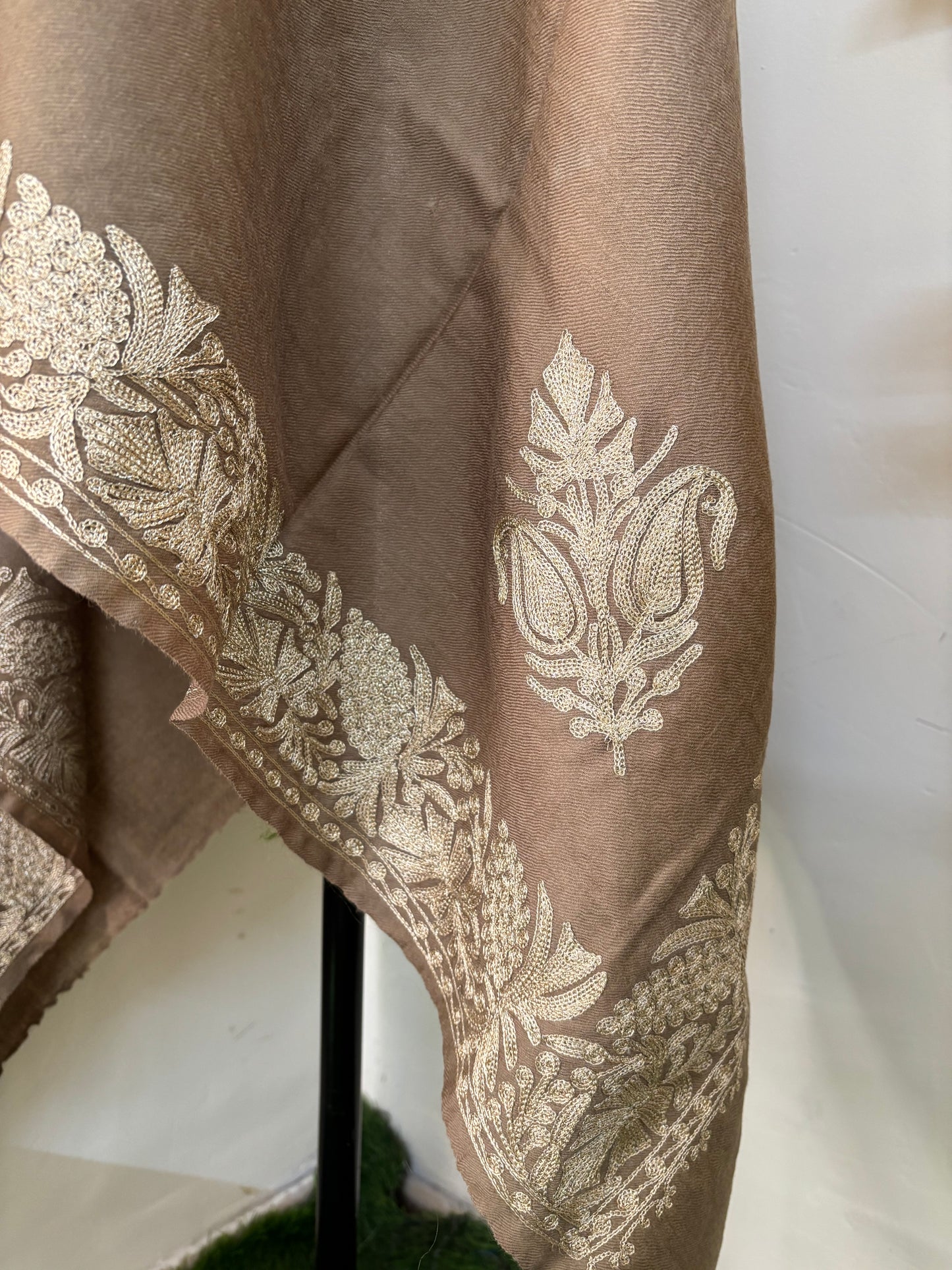 Beige Fine Semi Pashmina Tilla Embroidered stole