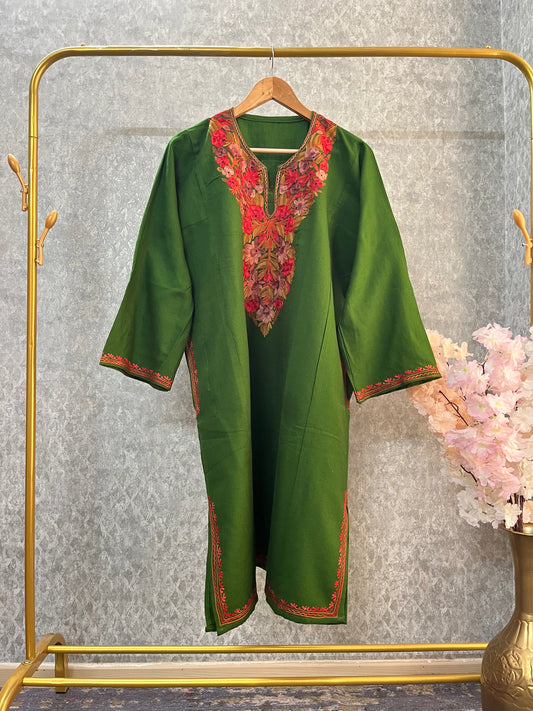 Henna Green Aari Embroidered Wool Pheran
