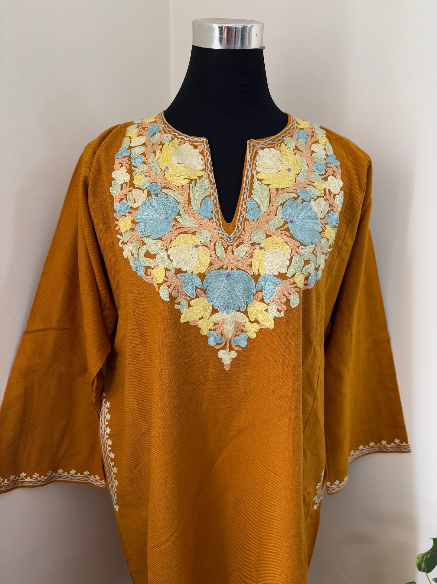 Mustard Yellow Aari Embroidered Wool Pheran