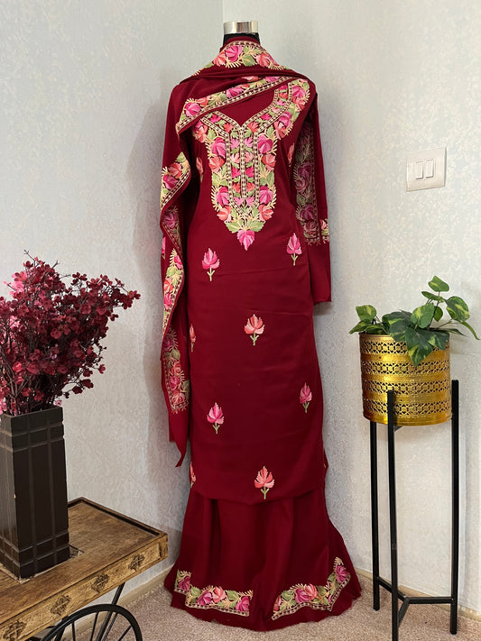 Maroon Pure Wool Aari Embroidered 3pc Suit Stole