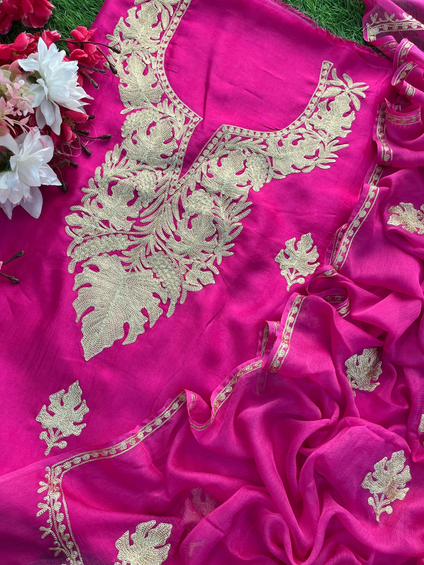 Hot Pink Silk Tilla Kashmiri Suit