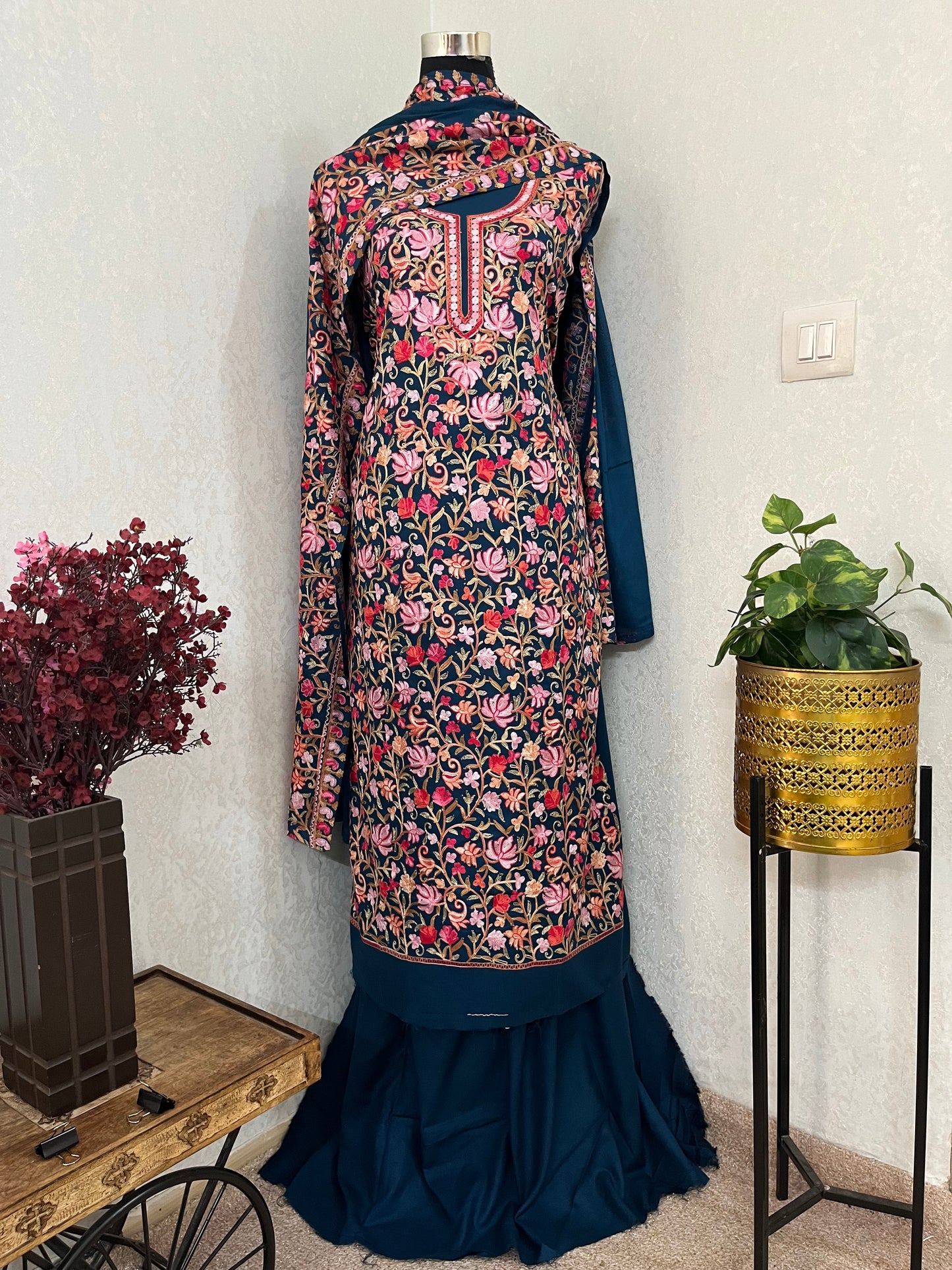 Peacock Blue Cotton Kashmiri Suit
