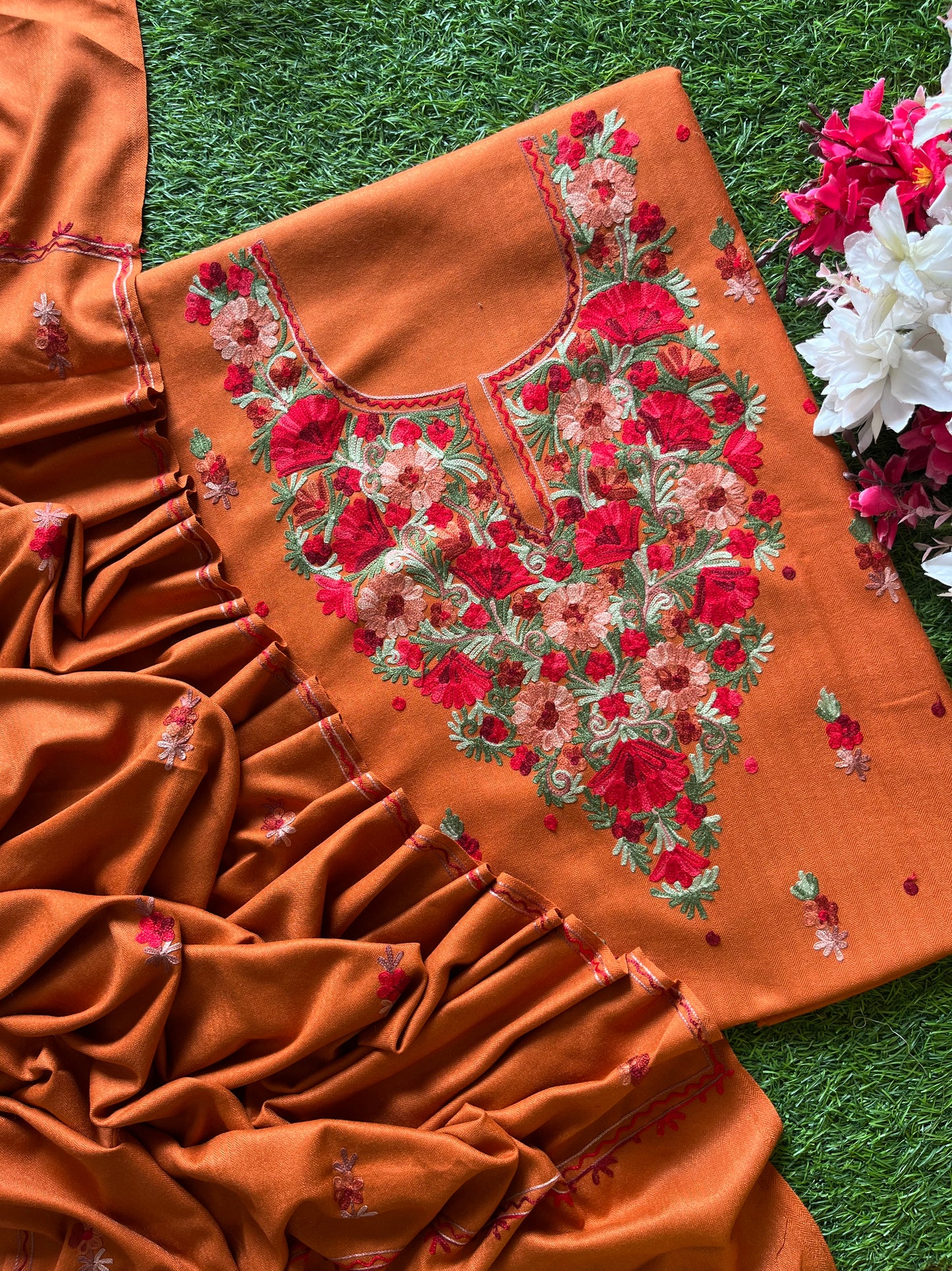 Dull Orange Woollen Aari Embroidered 3pc suit