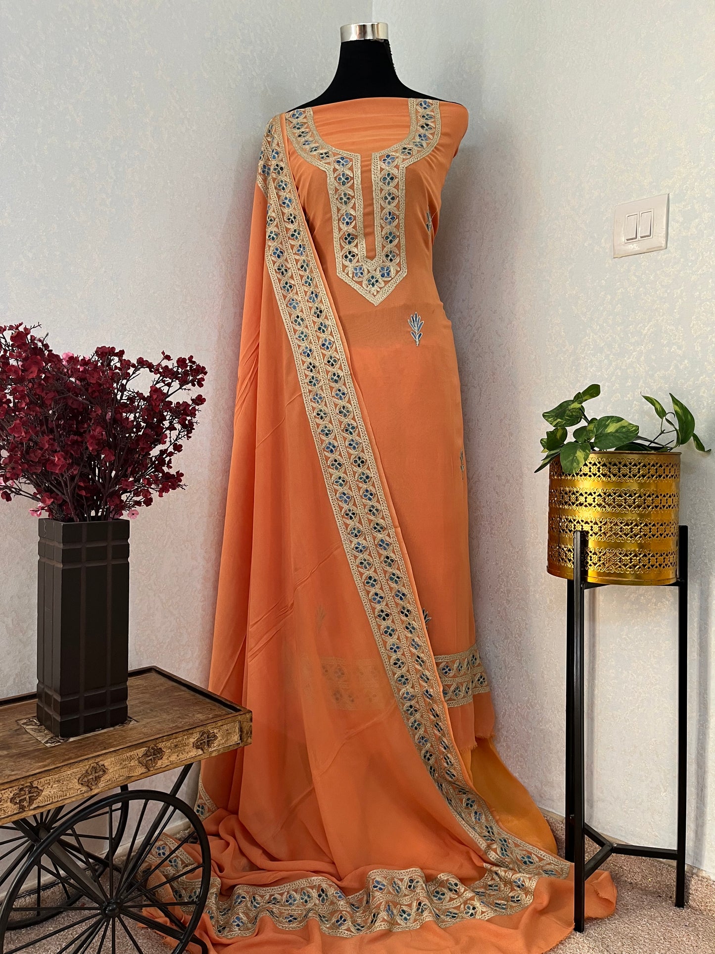 Peach Pure Georgette 3Pc Kashmiri Embroidered Suit