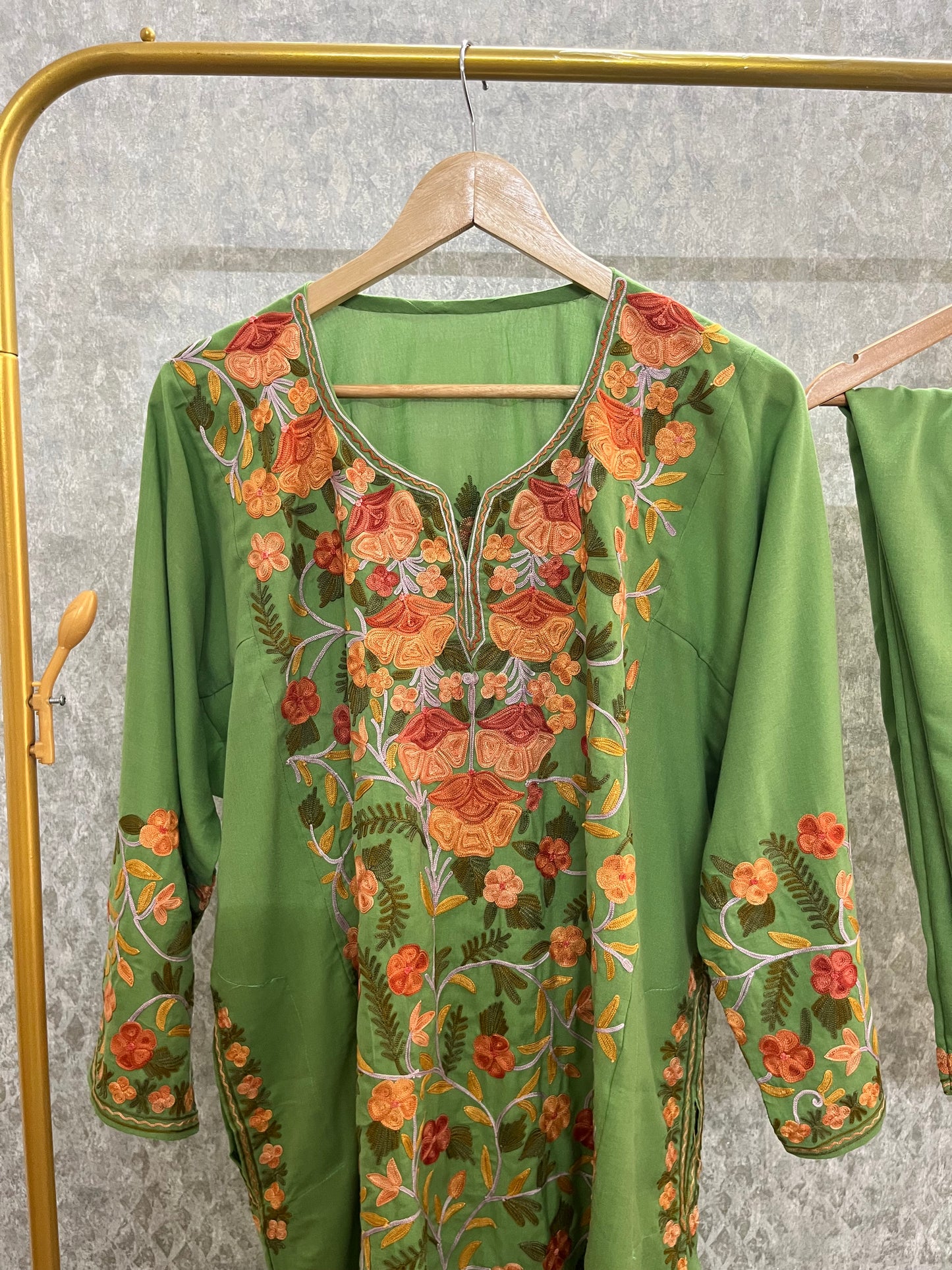 Green Yellow Cotton Front Jaal Pheran Set Size (44)