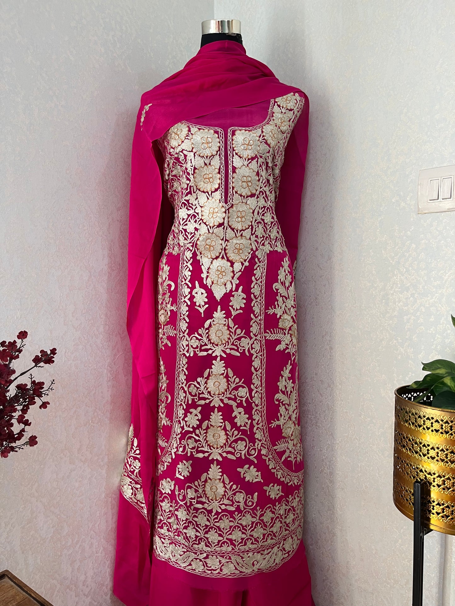 Hot Pink Pure Soft Organza 3 Pc Heavy Kashmiri Suit