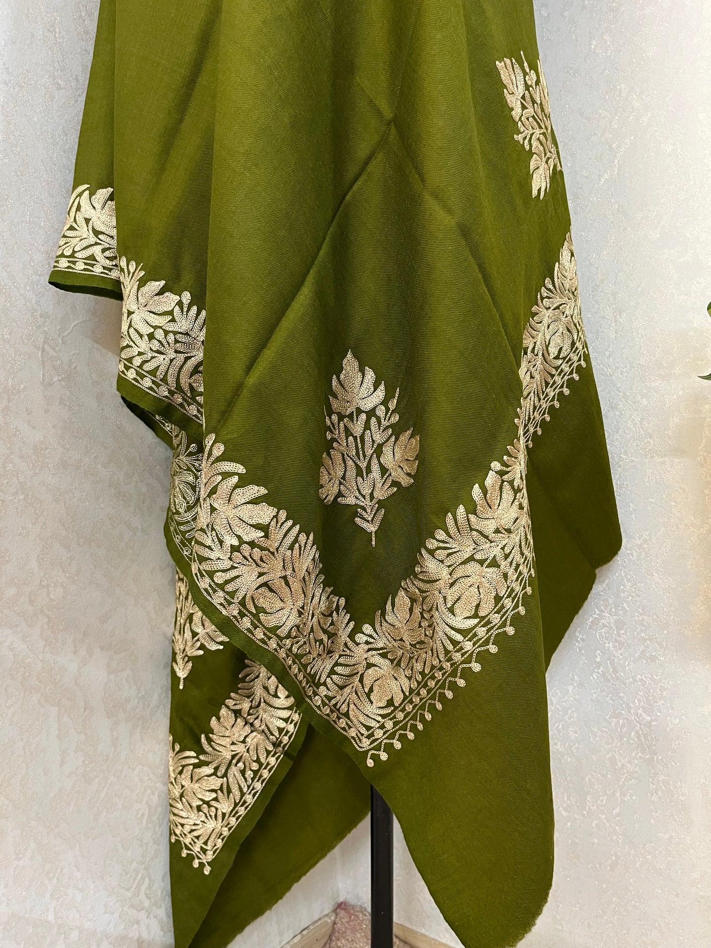 Army Green Semi Pashmina Tilla Embroidered stole
