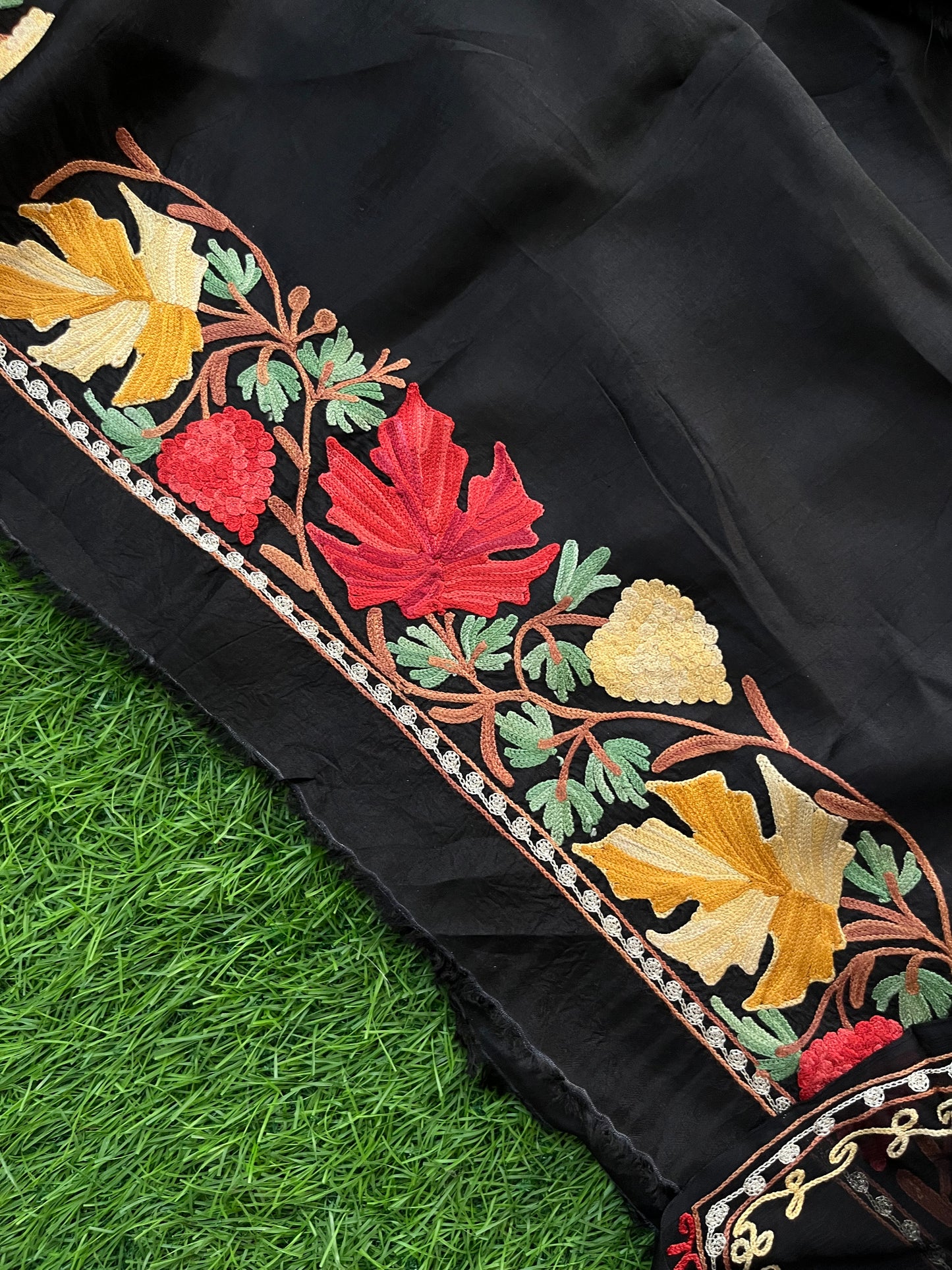 Black Opada Silk Aari Embroidered Suit material