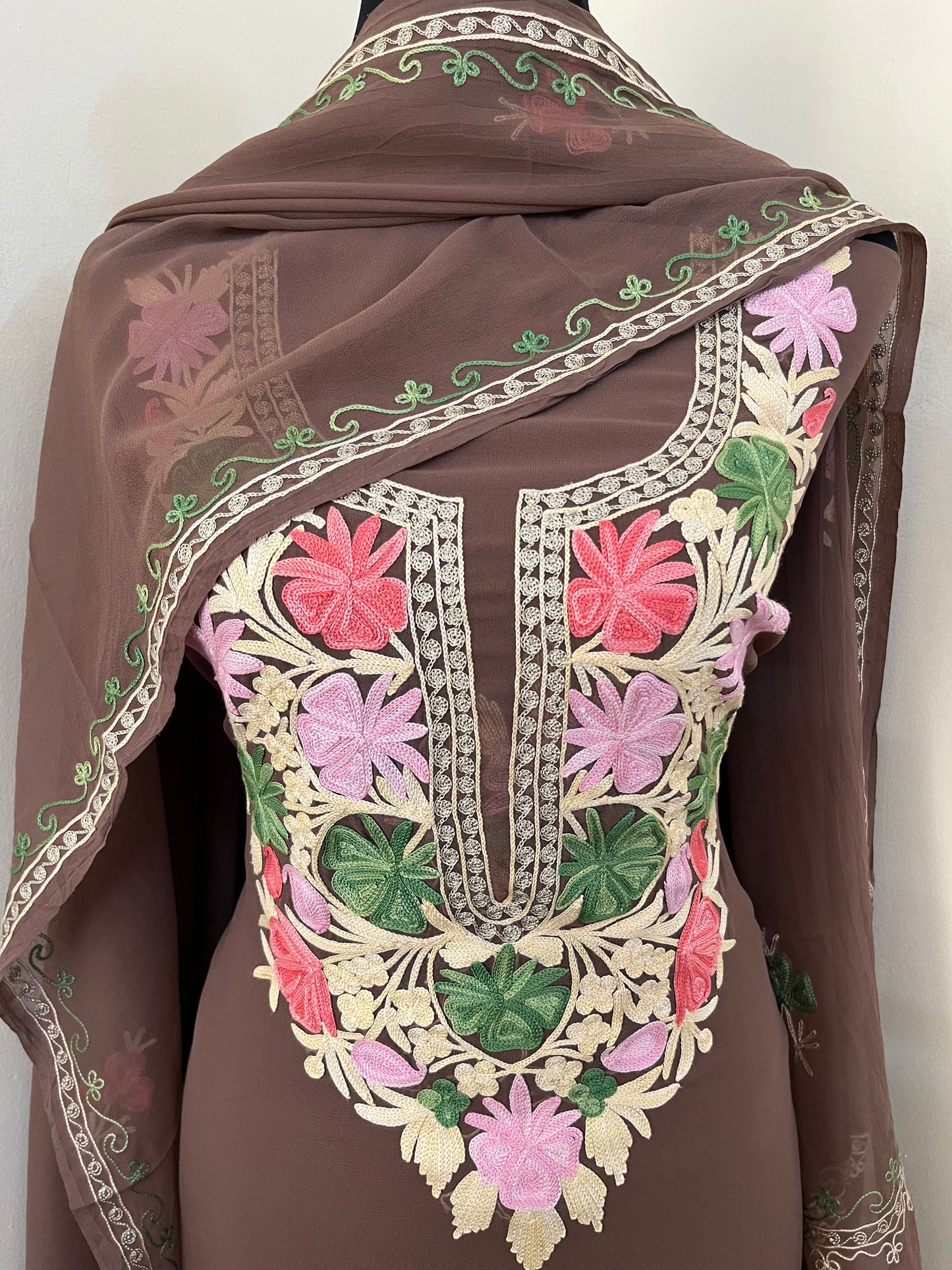 Coffee Brown Georgette 3 Pc Aari Embroidered Suit Set