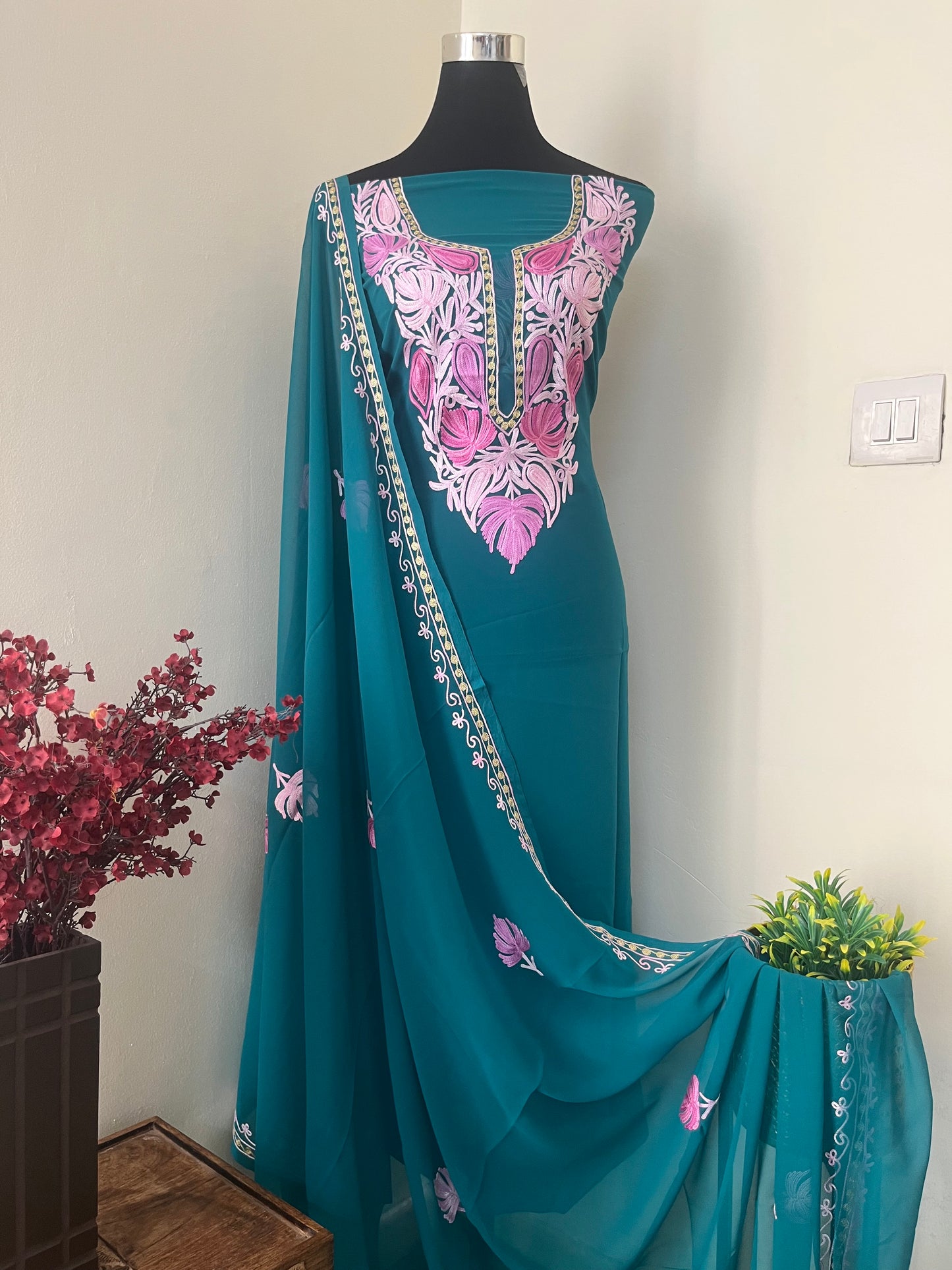 Sky Green Georgette Shirt and Dupatta Aari Embroidered Suit