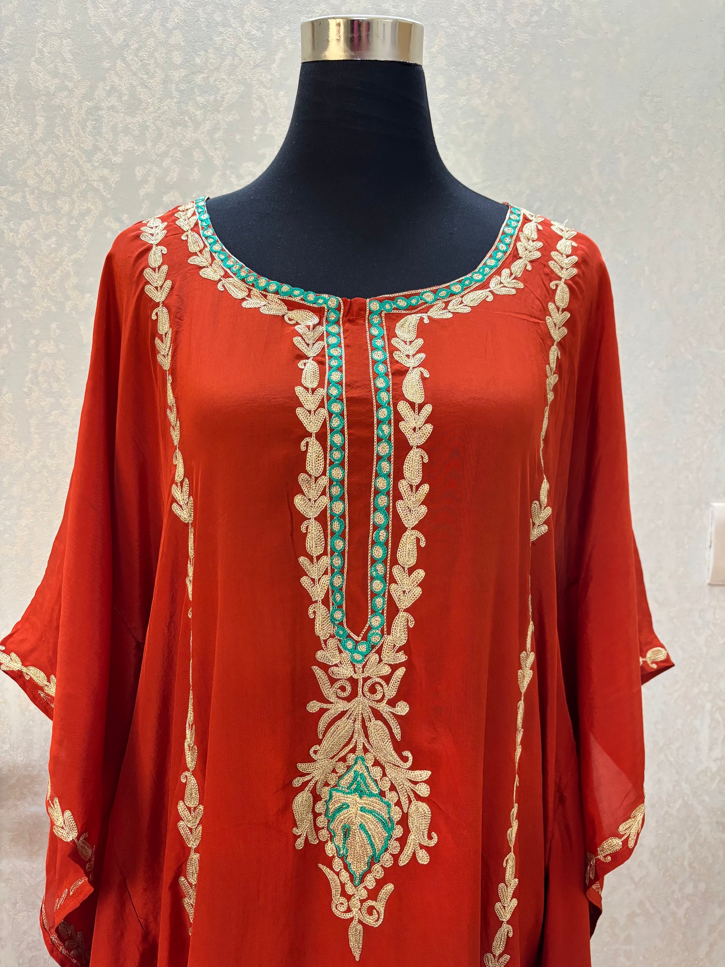 Rust Crape Front Back Kashmiri Kaftan Set