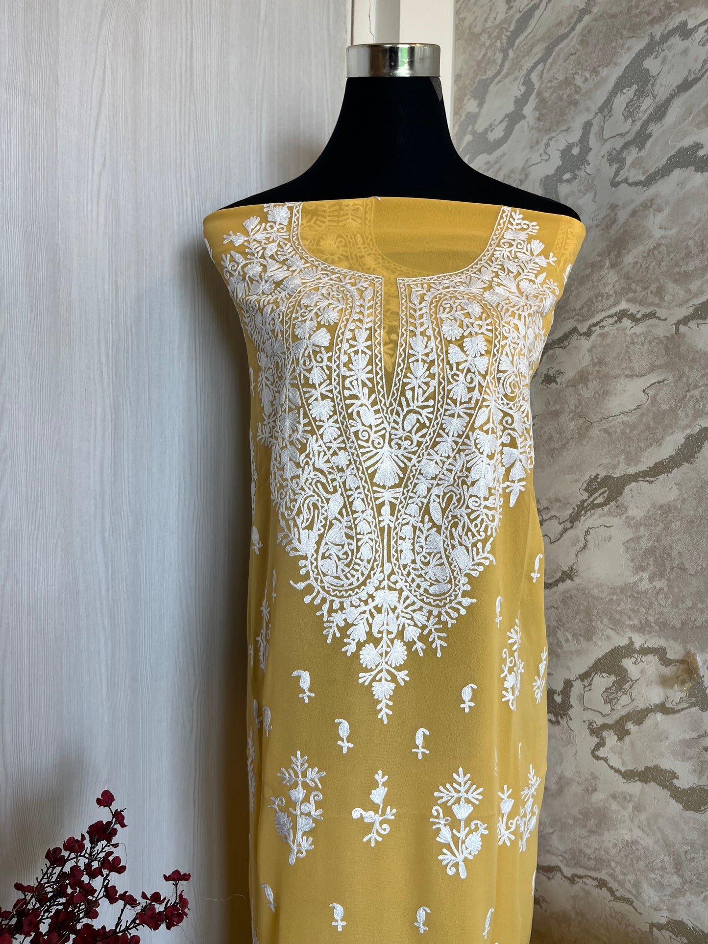 Georgette Yellow All over Work Aari Embroidered Unstitched Kurta Material