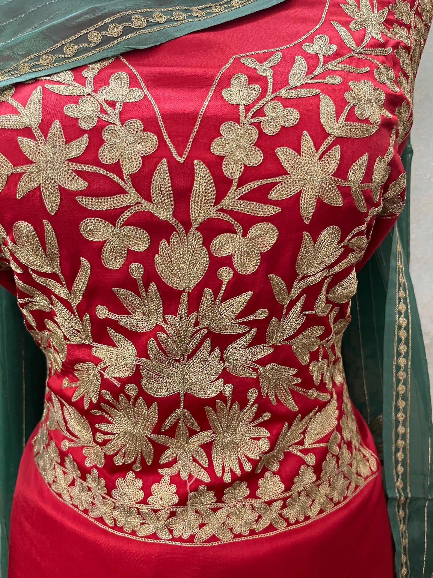 Red Satin Cotton Kashmiri Suit