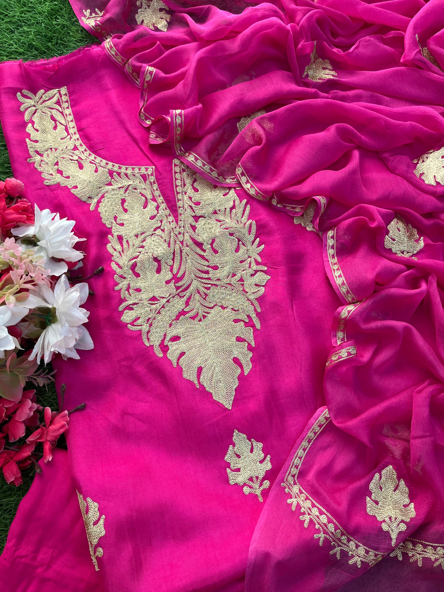 Hot Pink Silk Tilla Kashmiri Suit