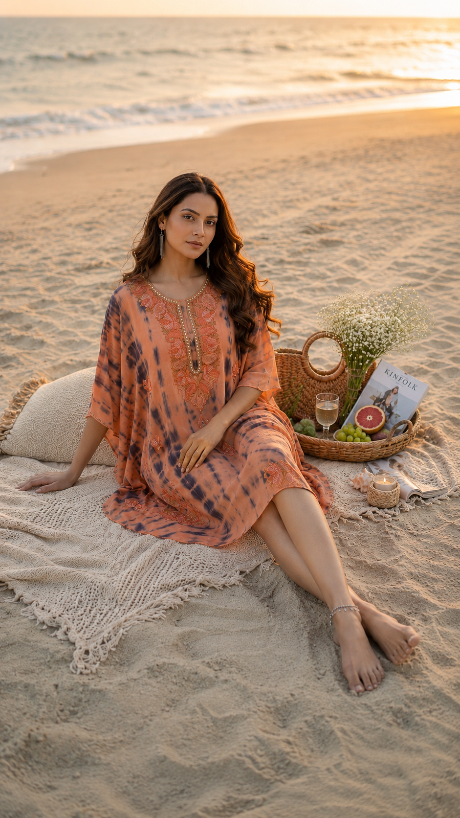 Orange Pure Georgette Shibori Kaftan Size (46)