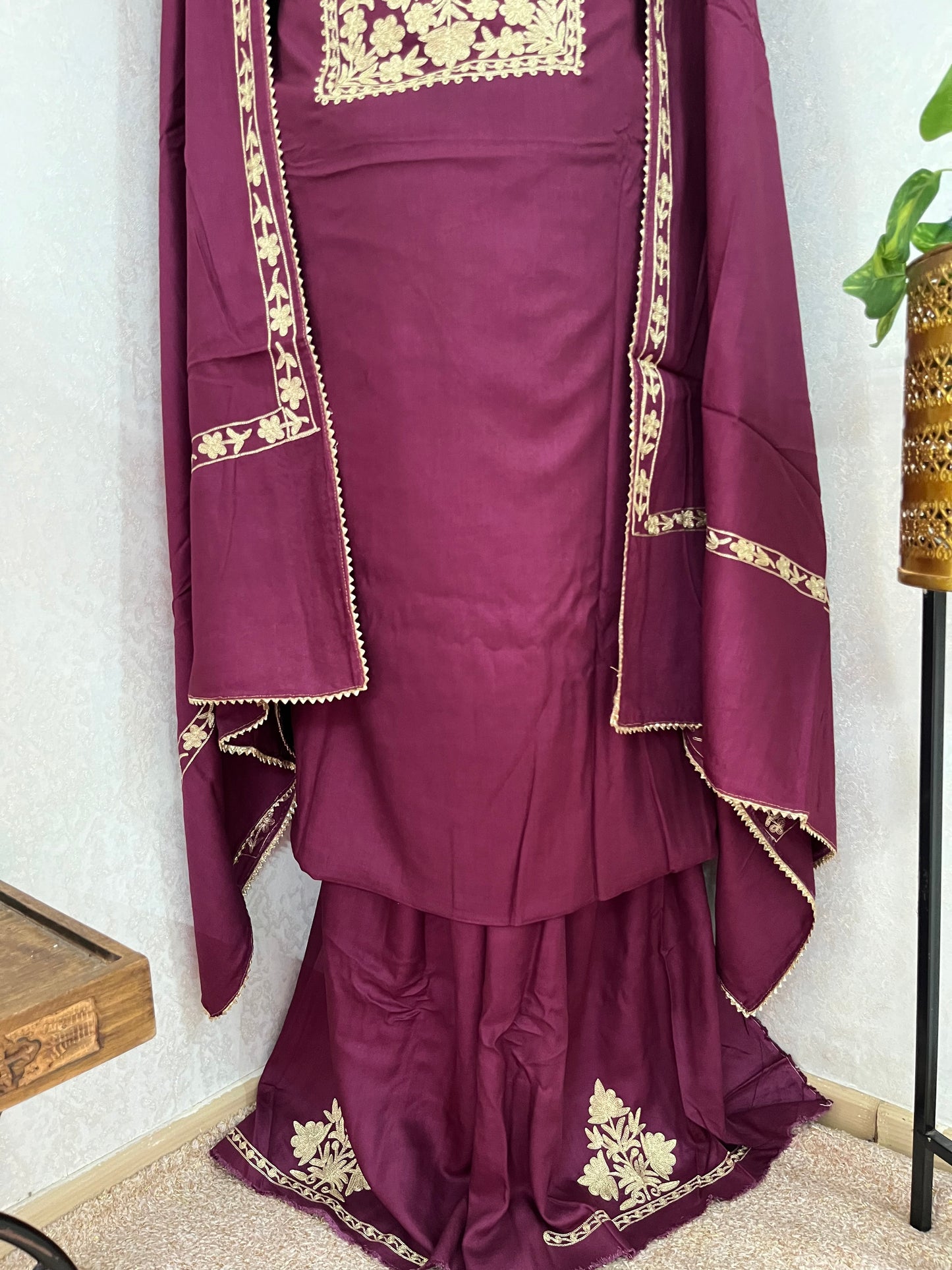 Wine Silk Pashmina Kashmiri Suit