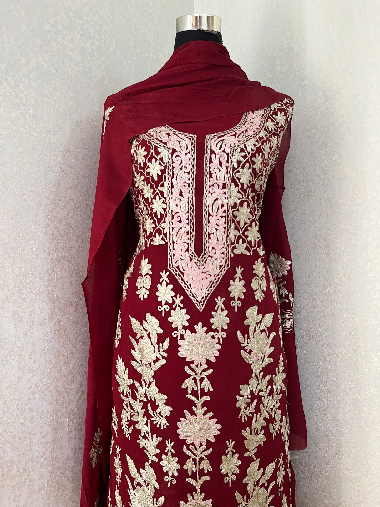 Maroon Pure Soft Organza 3 Pc Heavy Kashmiri Suit