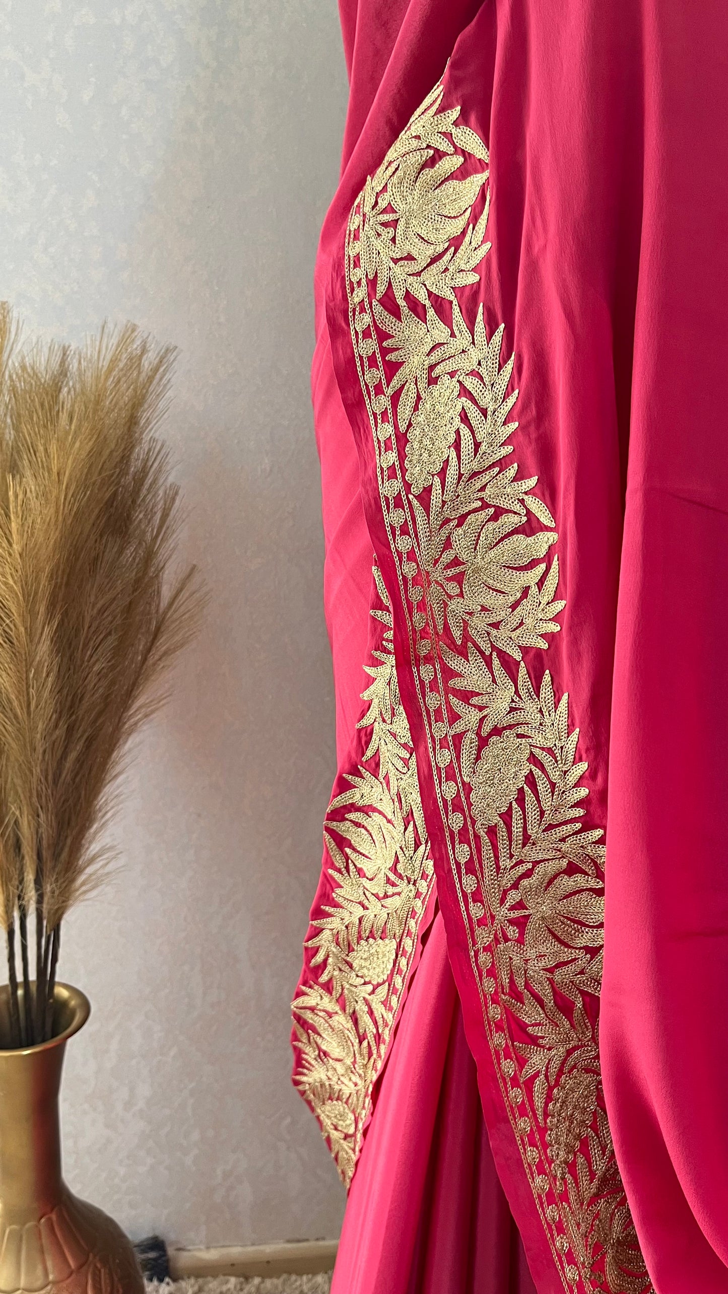 Pink Crape Kashmiri Tilla Saree