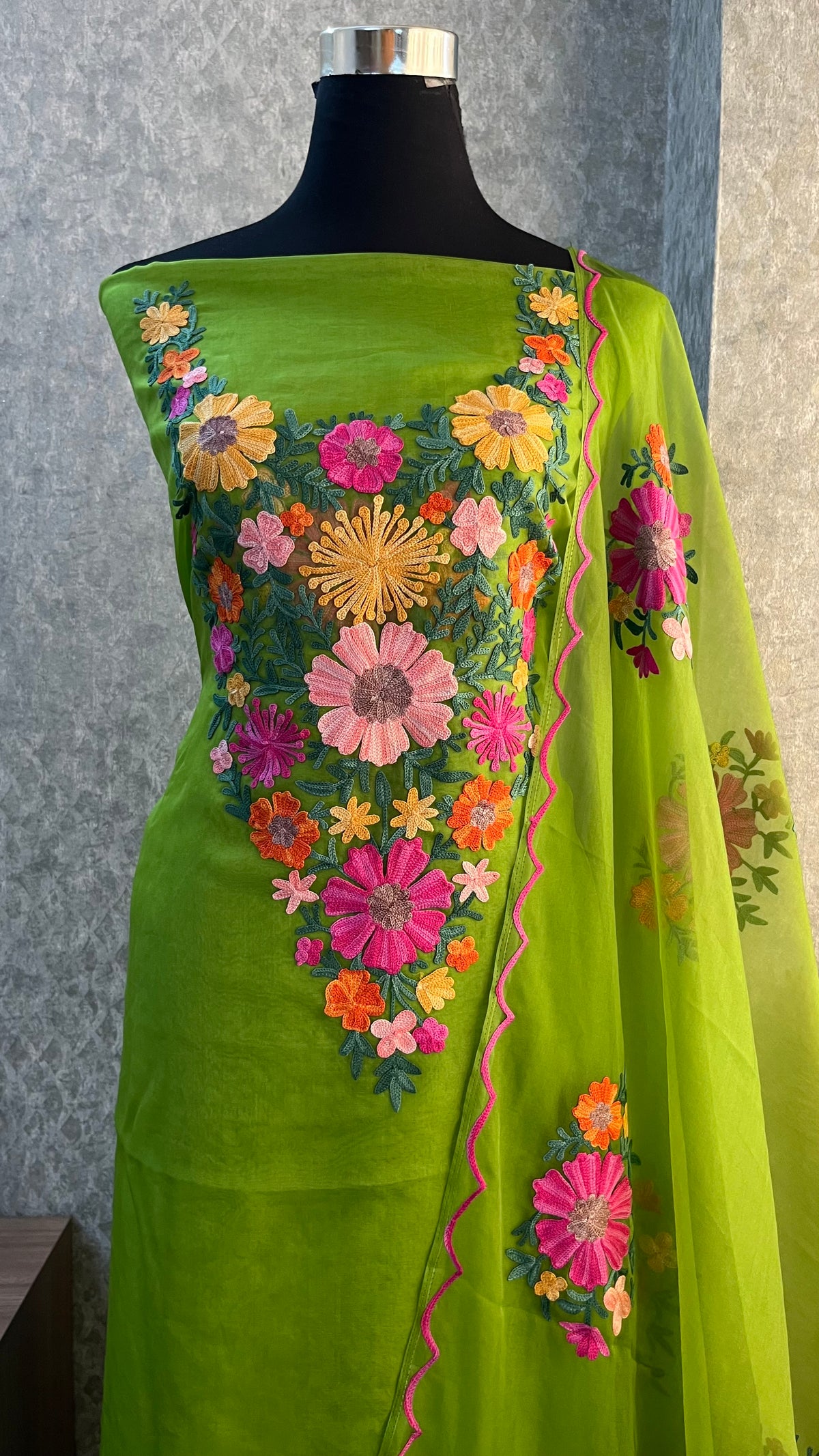 Lime Green Soft Tissue Kashmiri Suit