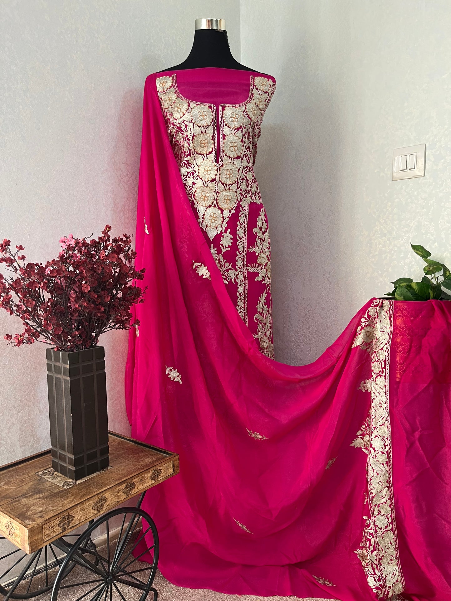Hot Pink Pure Soft Organza 3 Pc Heavy Kashmiri Suit