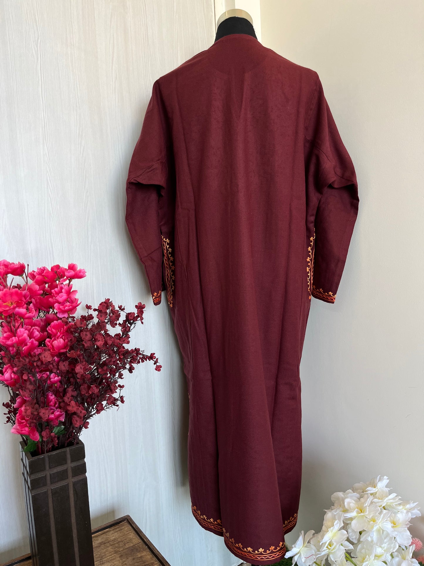 Reddish Brown Aari Embroidered Wool Pheran