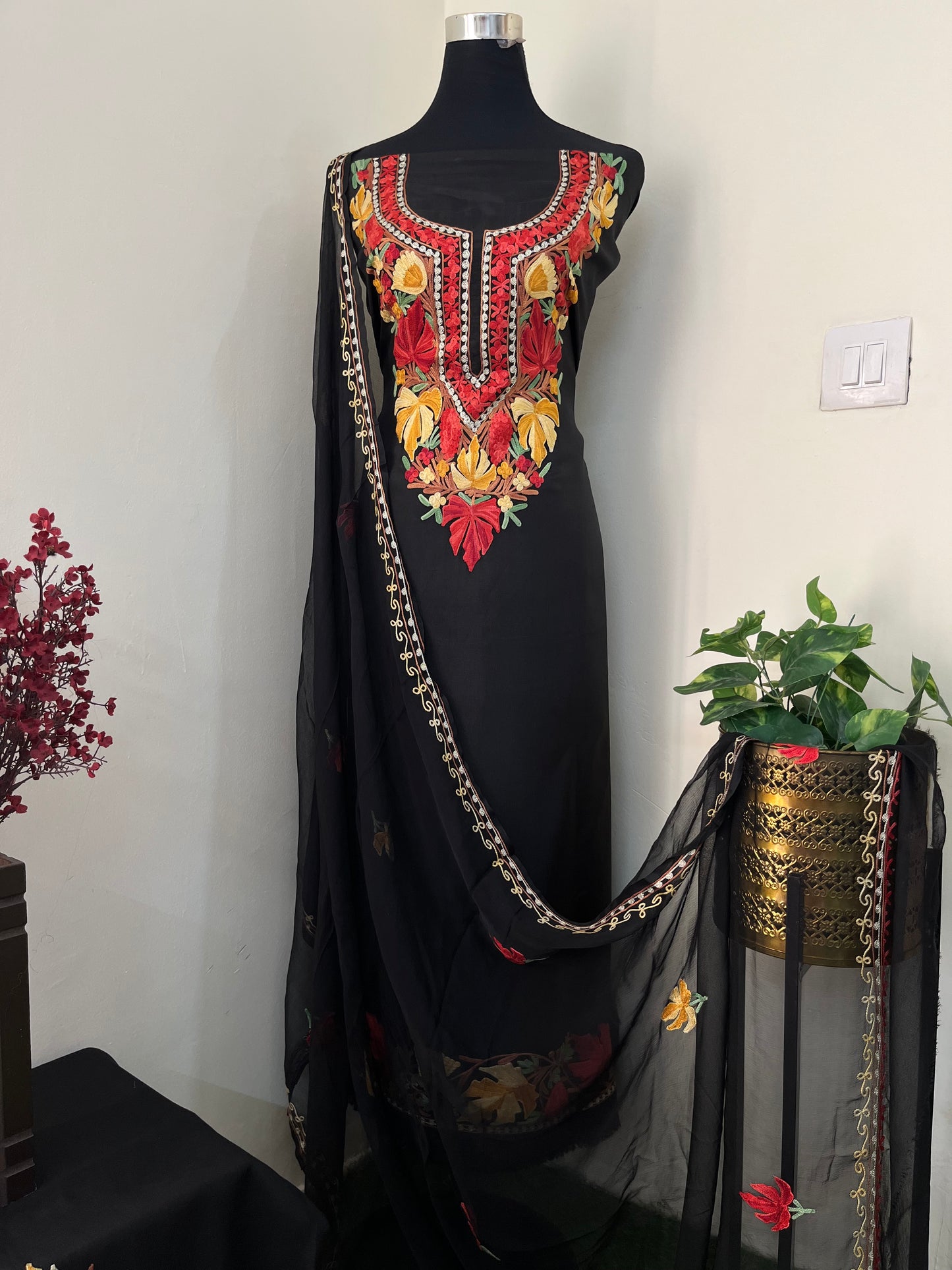 Black Opada Silk Aari Embroidered Suit material