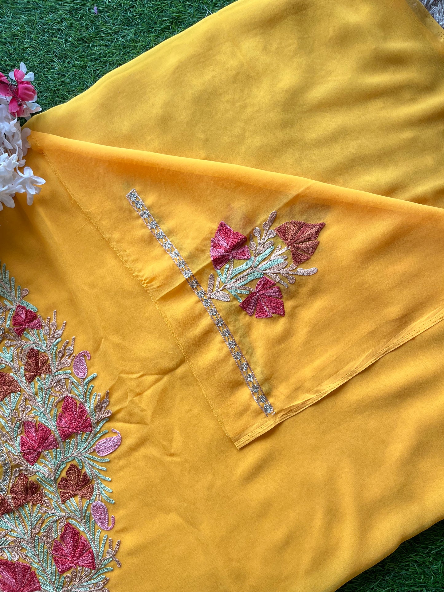 Yellow Georgette Aari Embroidered Unstitched Kurta Material