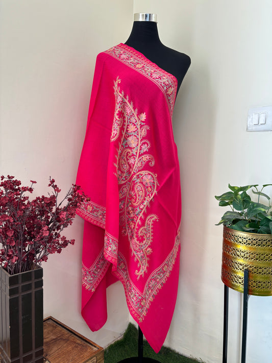 Hot Pink Silk Thread Ambi Aangan Embroidered Fine Semi Pashmina stole