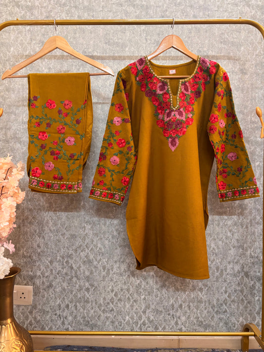 Mustard Woollen Kashmiri Co-Ord Set ( Size 38 )