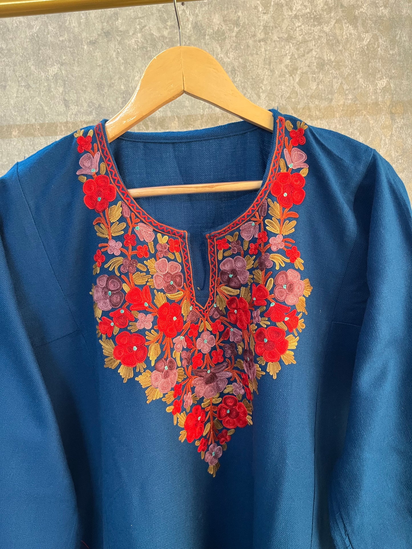 Peacock Blue Aari Embroidered Wool Pheran
