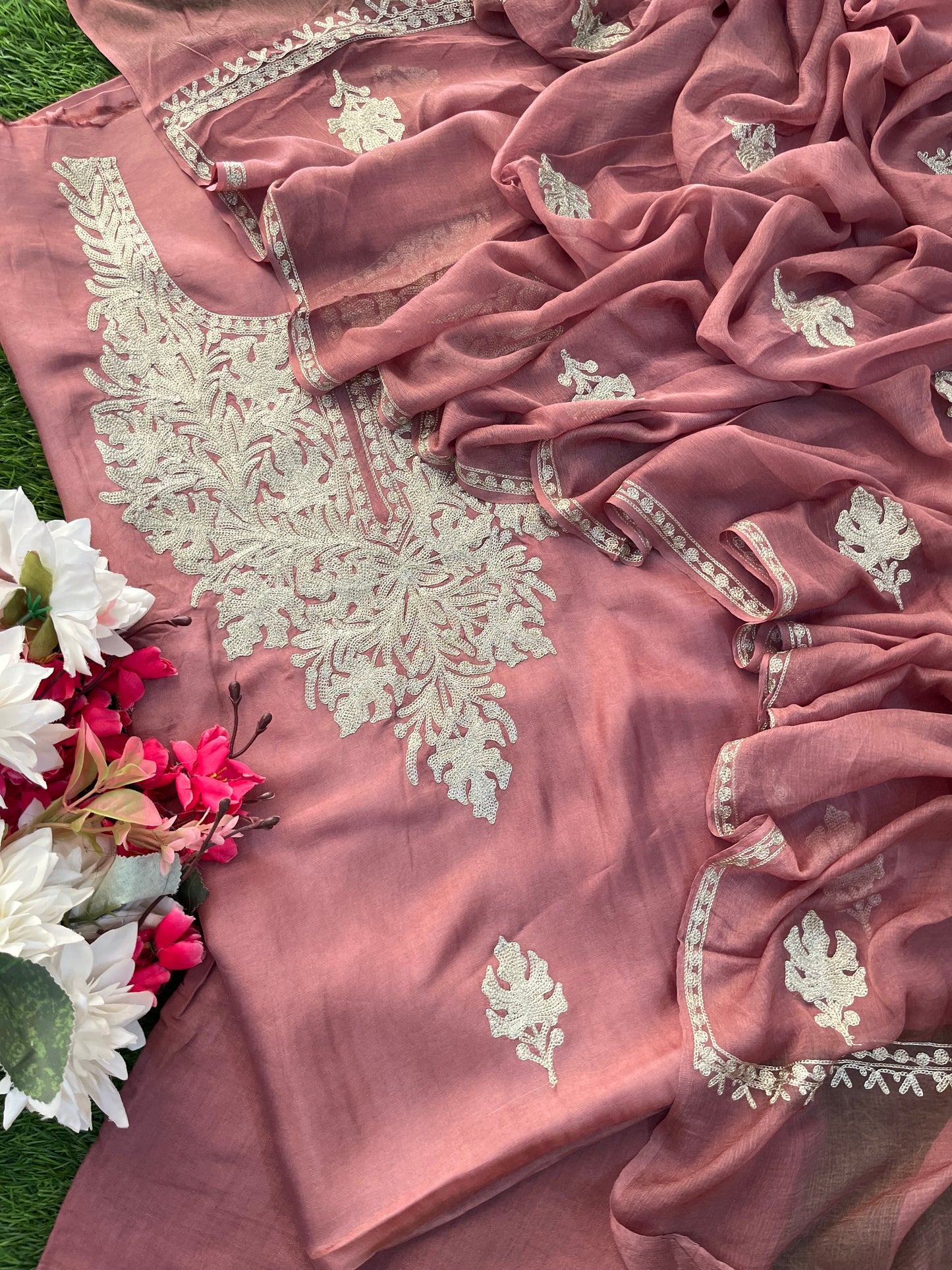 Onion Pink Silk Tilla Kashmiri Suit