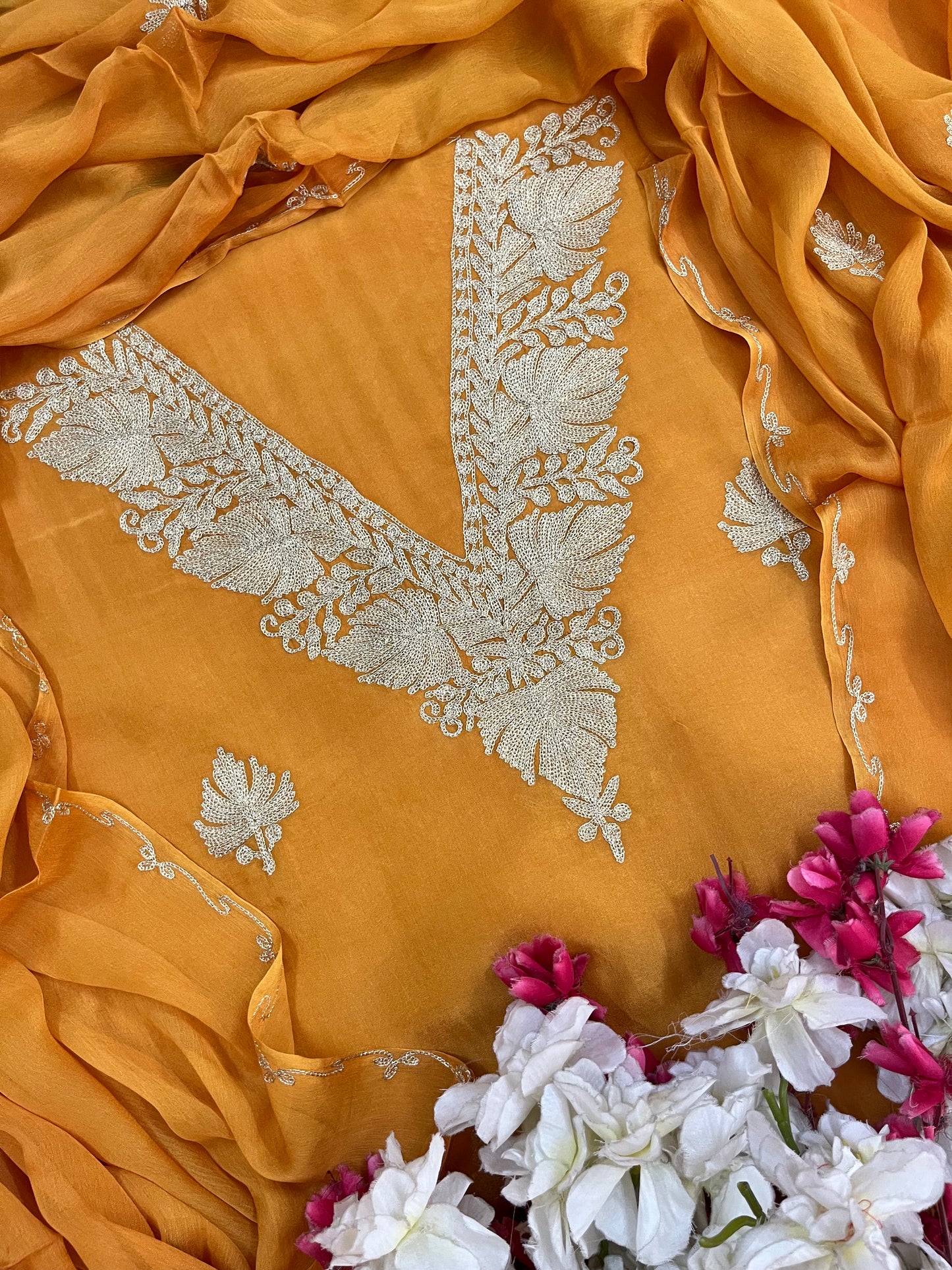 Sanam’ Soft Orange Silk Tilla Kashmiri Suit