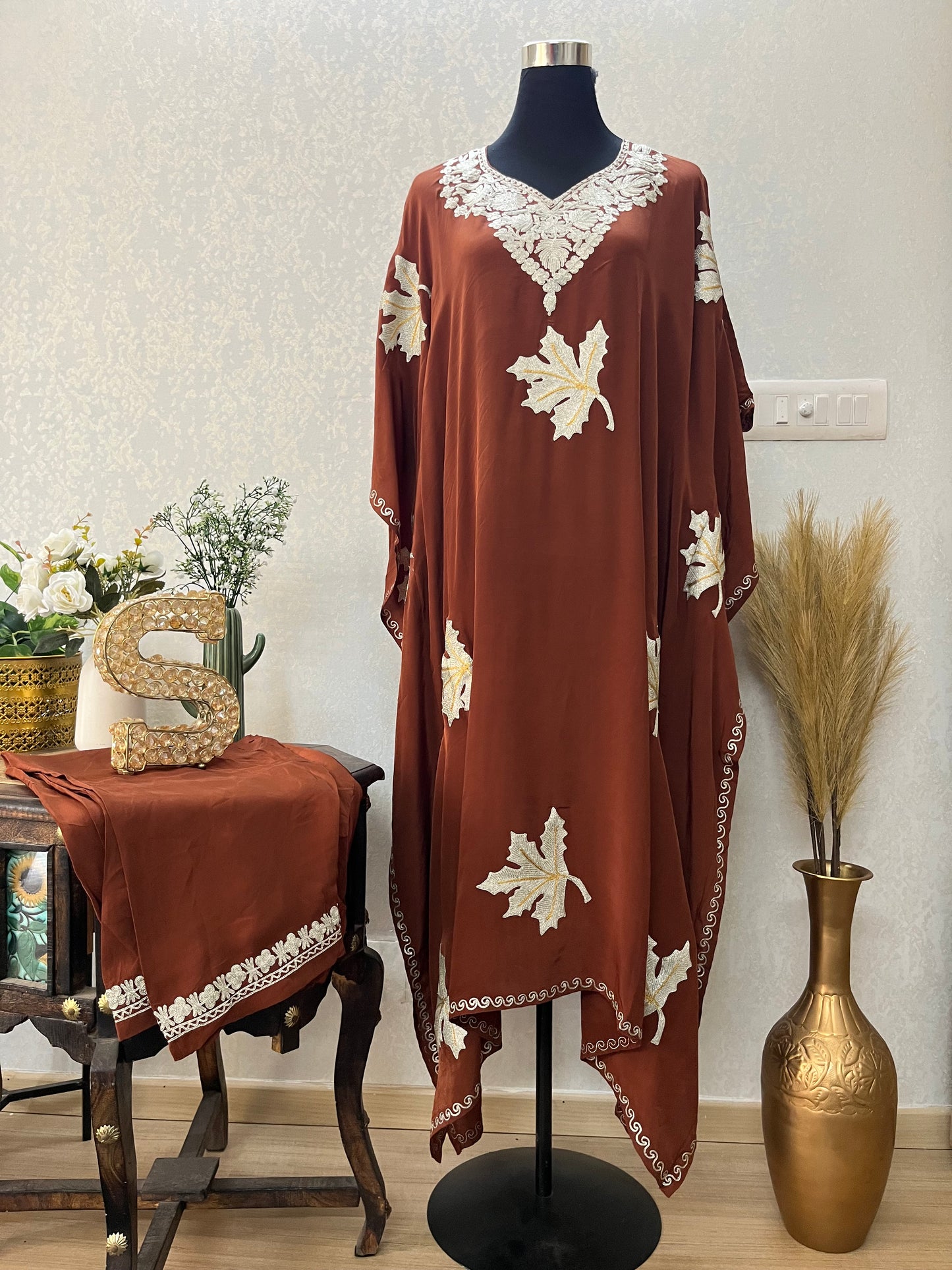 Brown Crape Kashmiri Kaftan Set