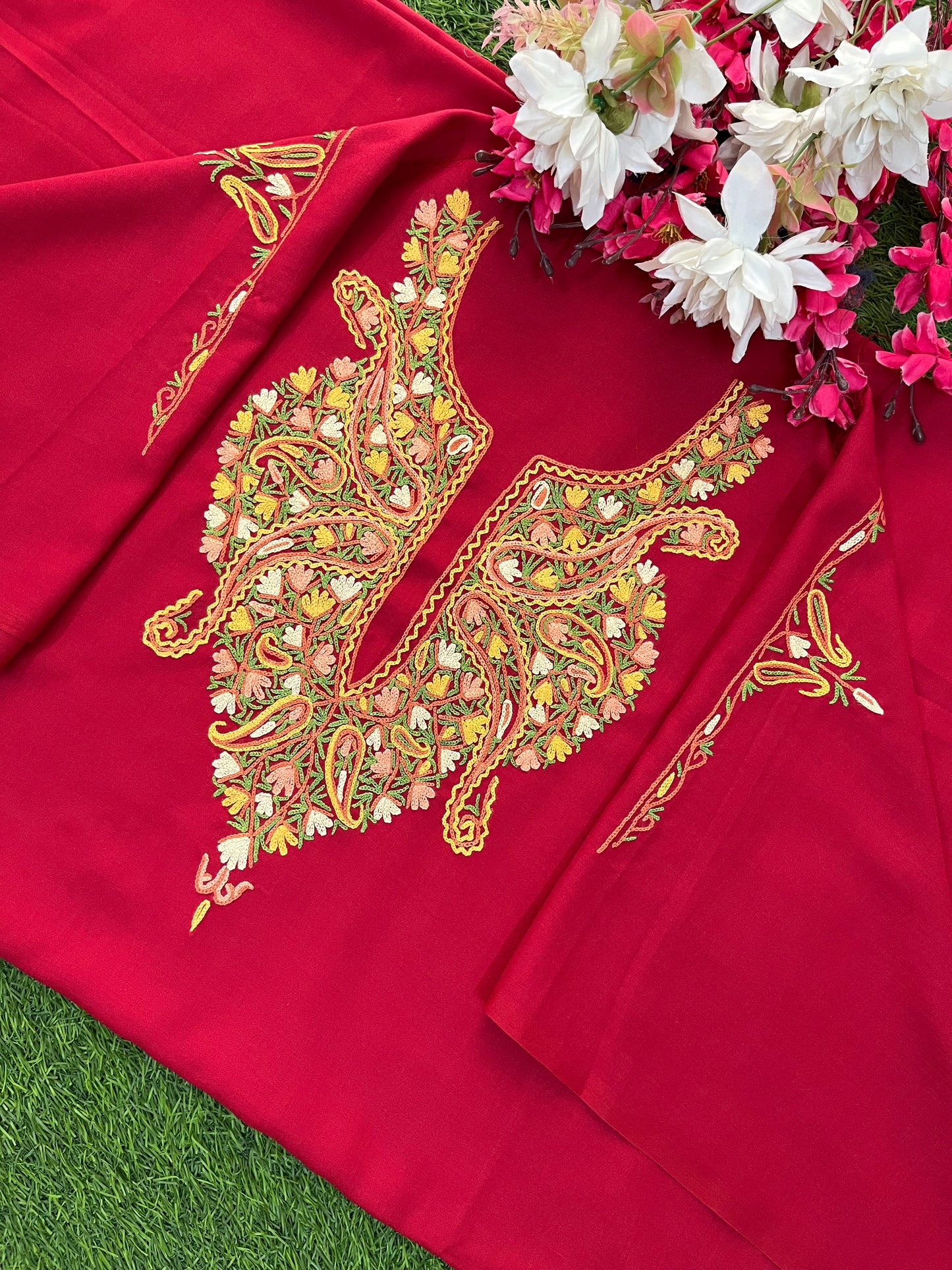 Red Cotton Two Piece Suit (Hand Embroidered)