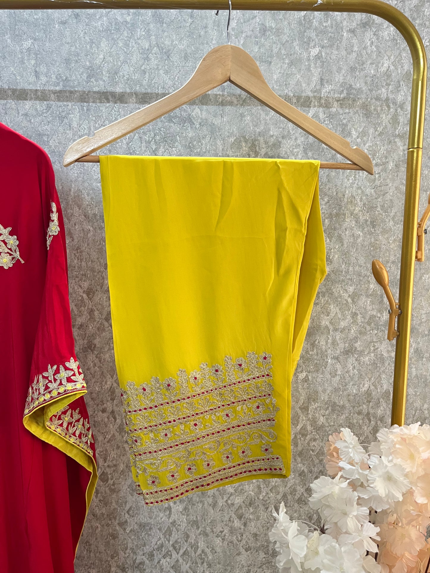 Red Crape Kashmiri Kaftan Set size (44)