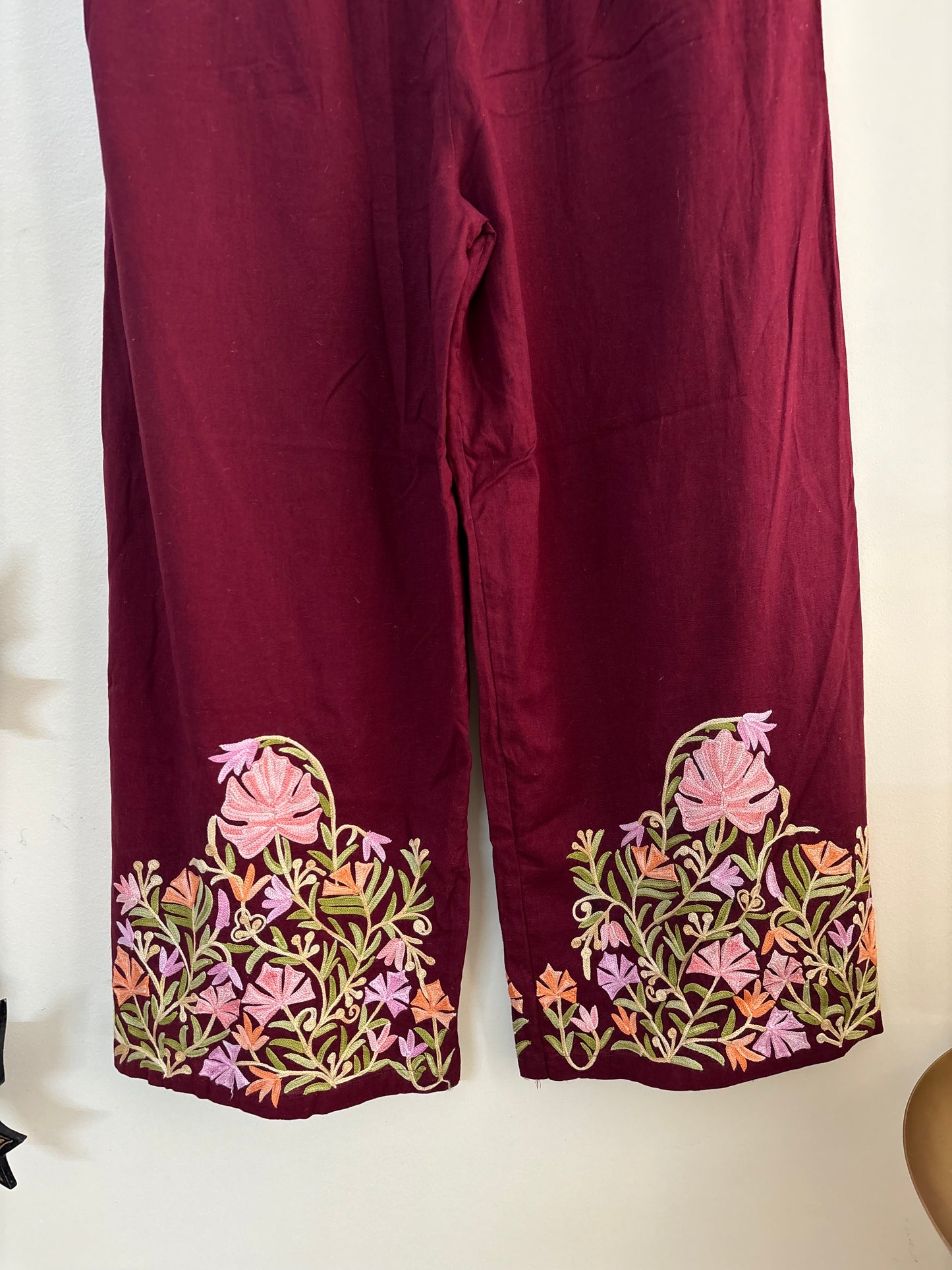 Women Maroon Wide Leg Aari Embroidered Palazzos