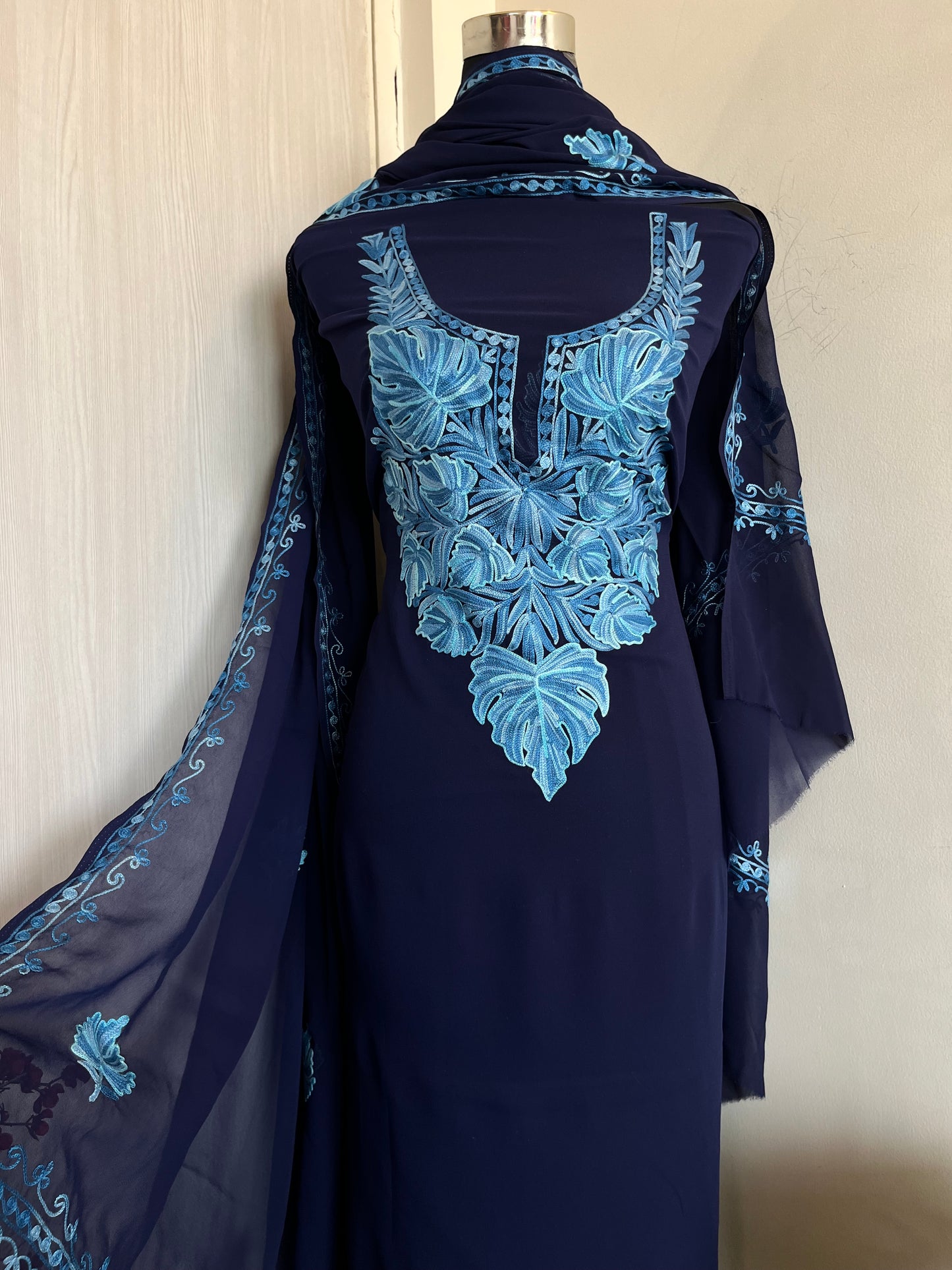 Georgette Blue 3 Pc Aari Embroidered Suit Set