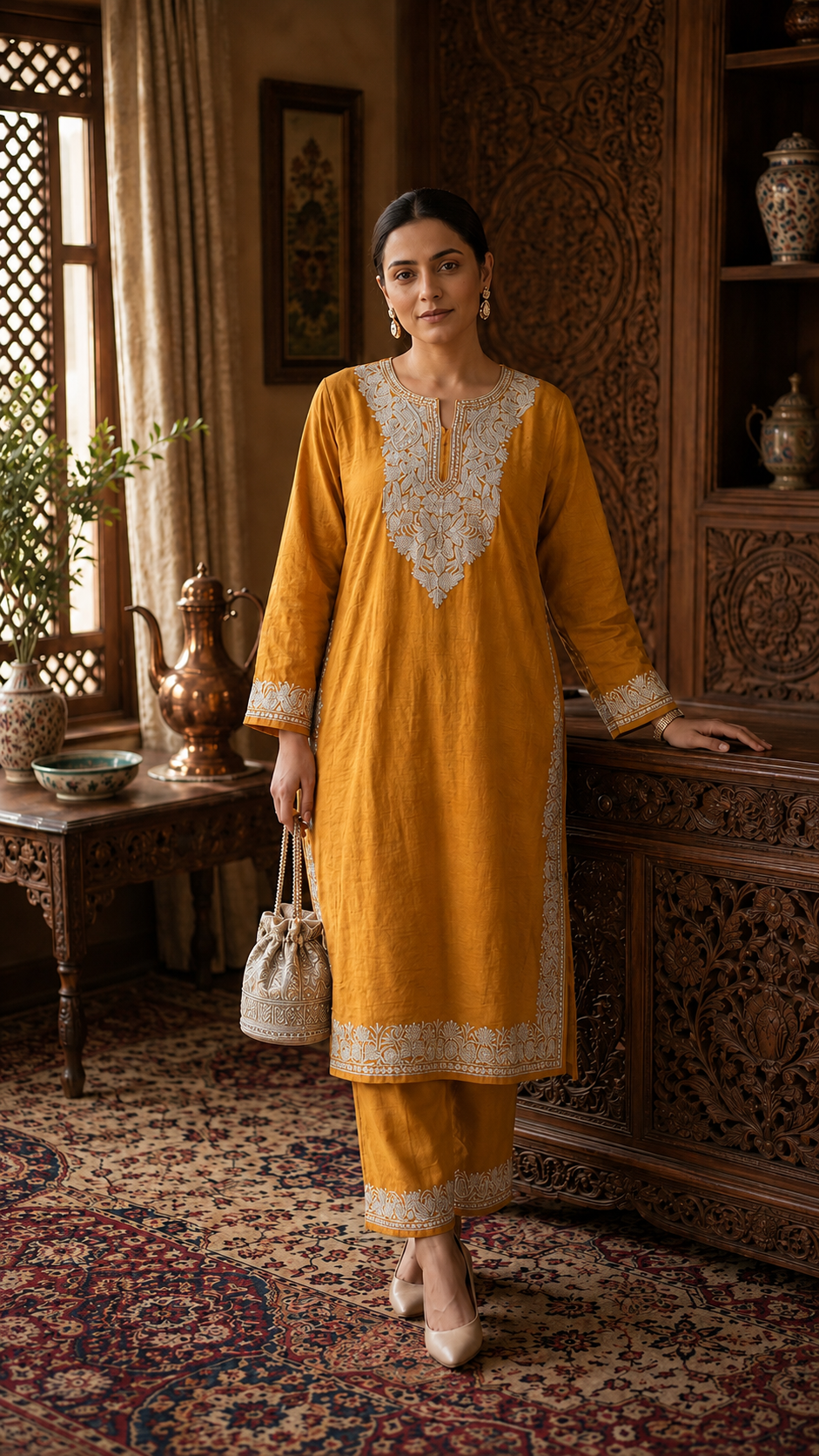 Orange Cotton Kashmiri Pheran Set (48)