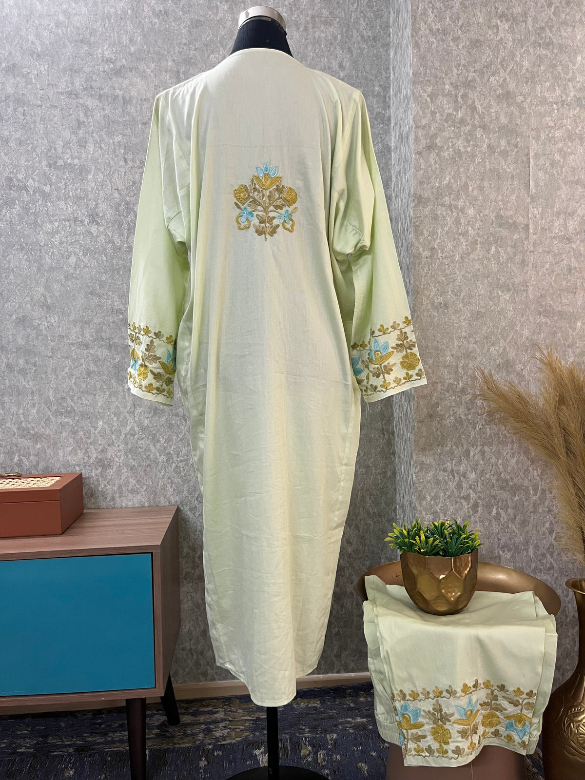 Sage Green Cotton Front Jaal Pheran Set  Size(44)