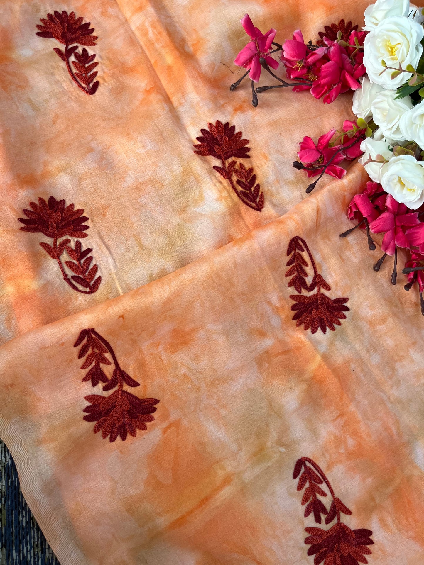Tangerine Orange Self Work Satin Cotton Unstitched Co-ord Set