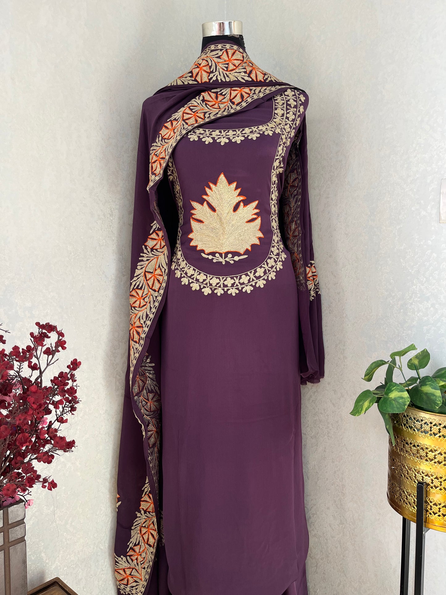 Purple Chinon 3 Pc Aari Embroidered Suit