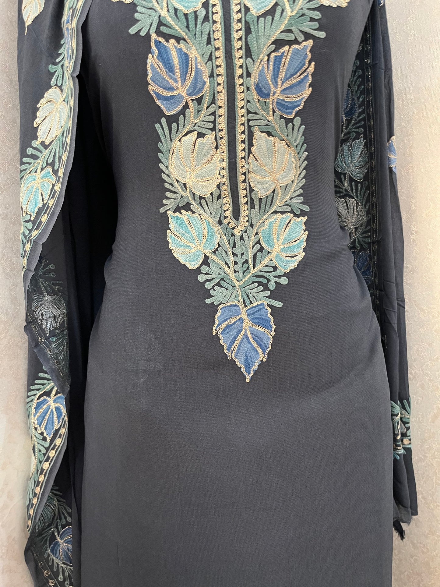 Grey Pure Georgette Kashmiri Suit